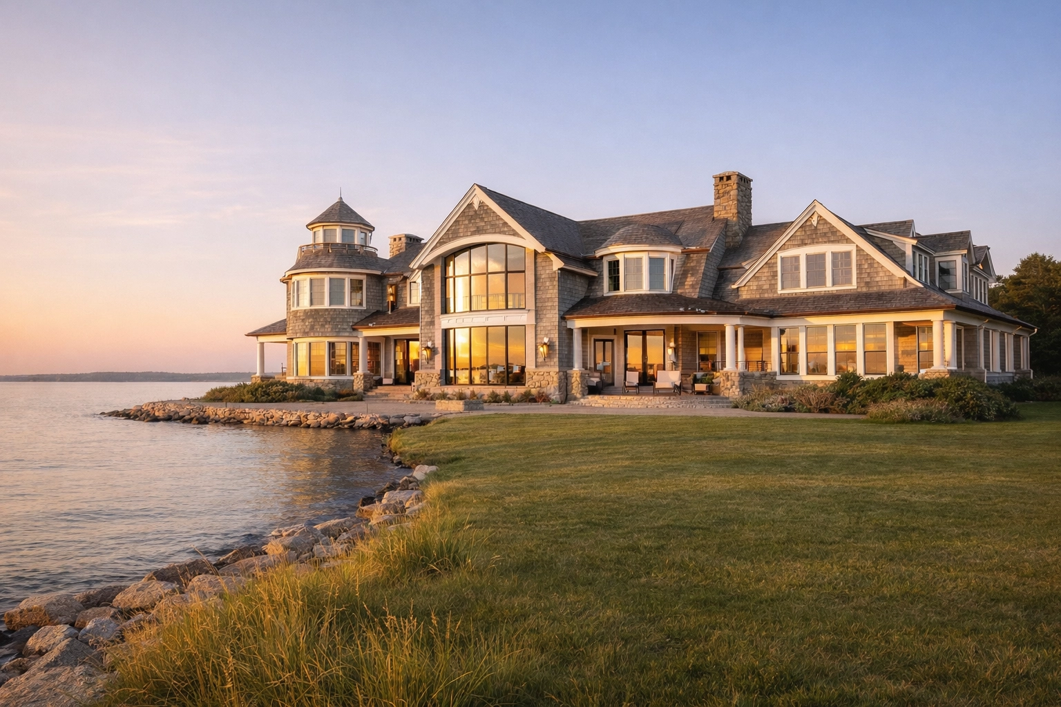 Exclusive waterfront Cape Cod estate at golden hour with quiet-luxury architectural photography and minimalist composition.