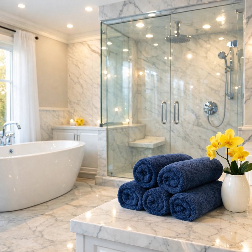 Sparkling clean master bathroom with marble surfaces after a premium deep cleaning service in Westford.