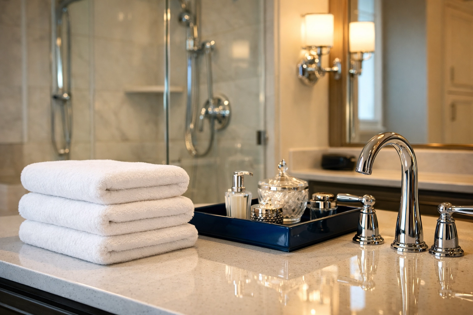 Detailed view of a sanitized luxury bathroom vanity from a professional house cleaning Ashburnham MA.