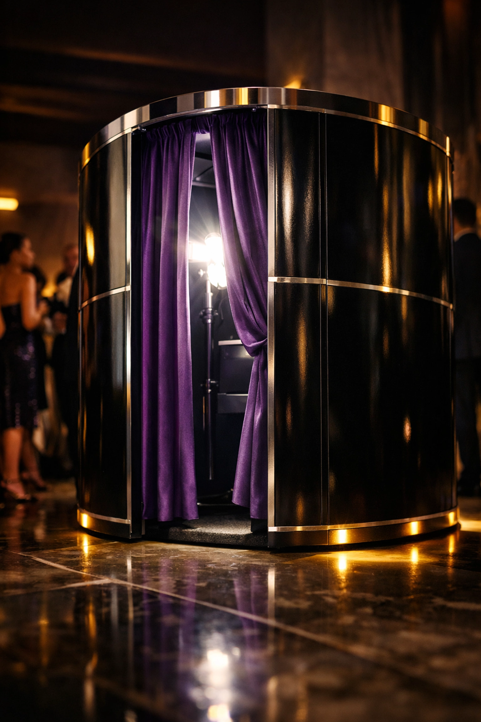 Luxury enclosed photo booth at high-end fashion event with dramatic lighting