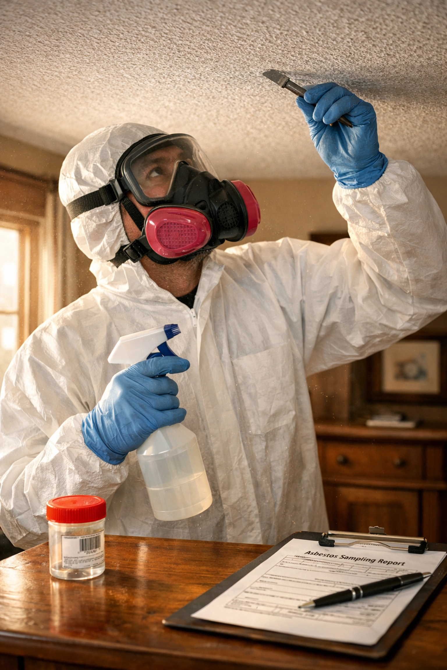 Certified asbestos inspector collecting samples in Chester County home during renovation testing