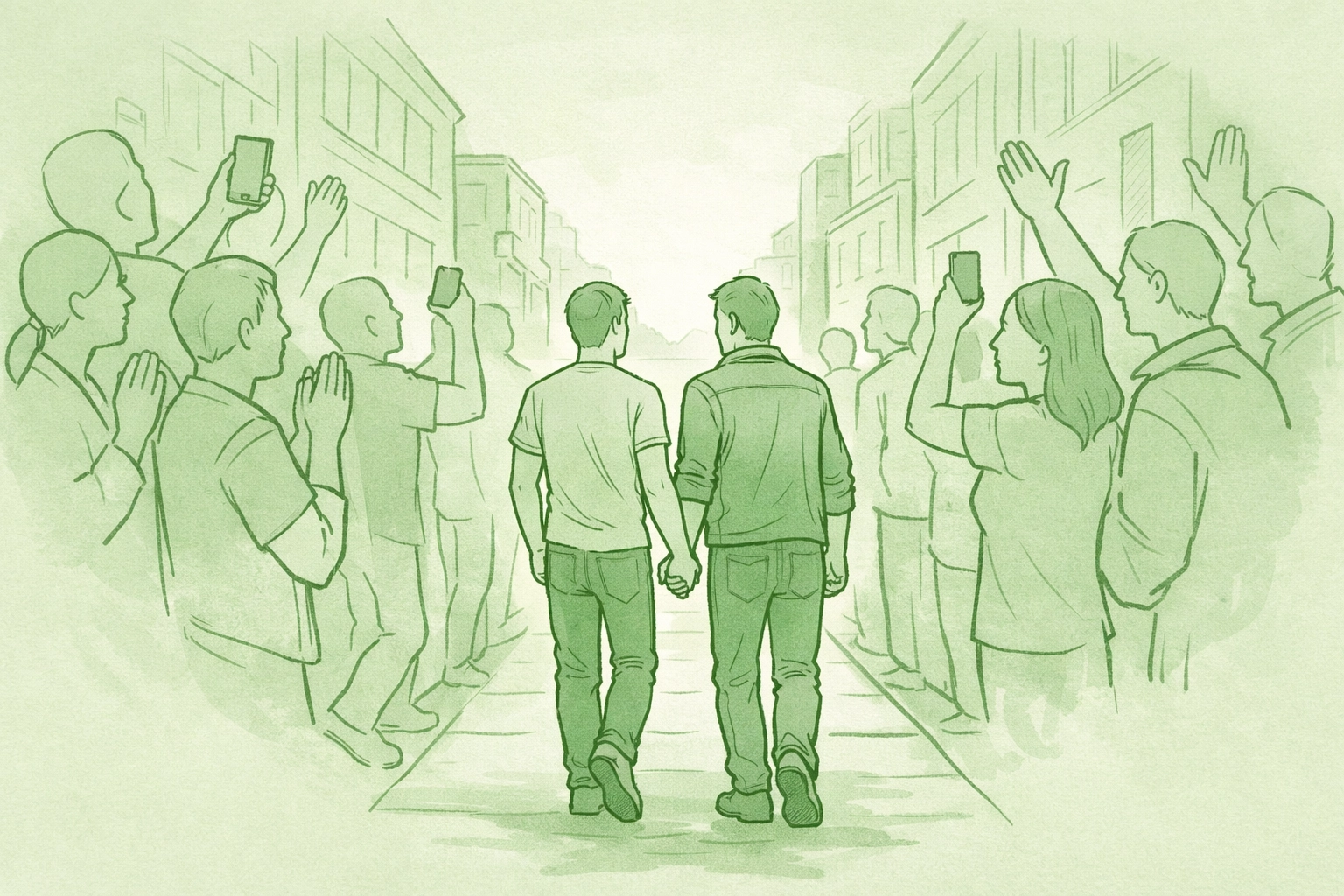 Gay men walking hand-in-hand protected by supportive LGBTQ+ community and allies