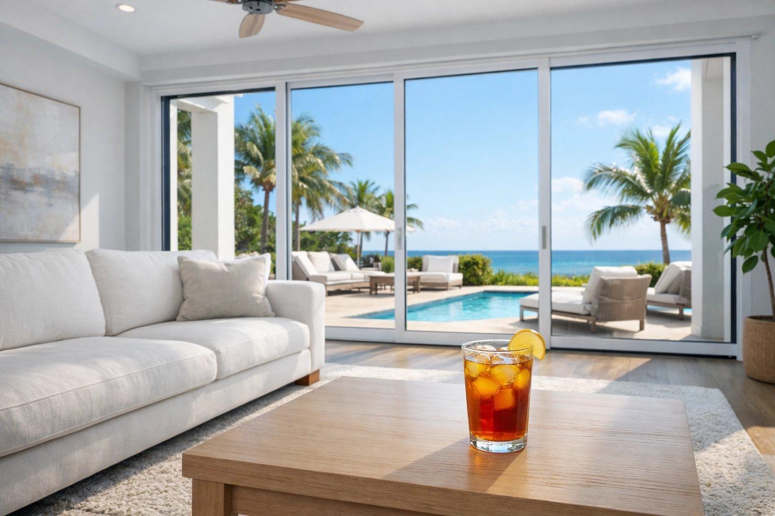 Energy-efficient impact sliding glass doors in a modern Southwest Florida living room.