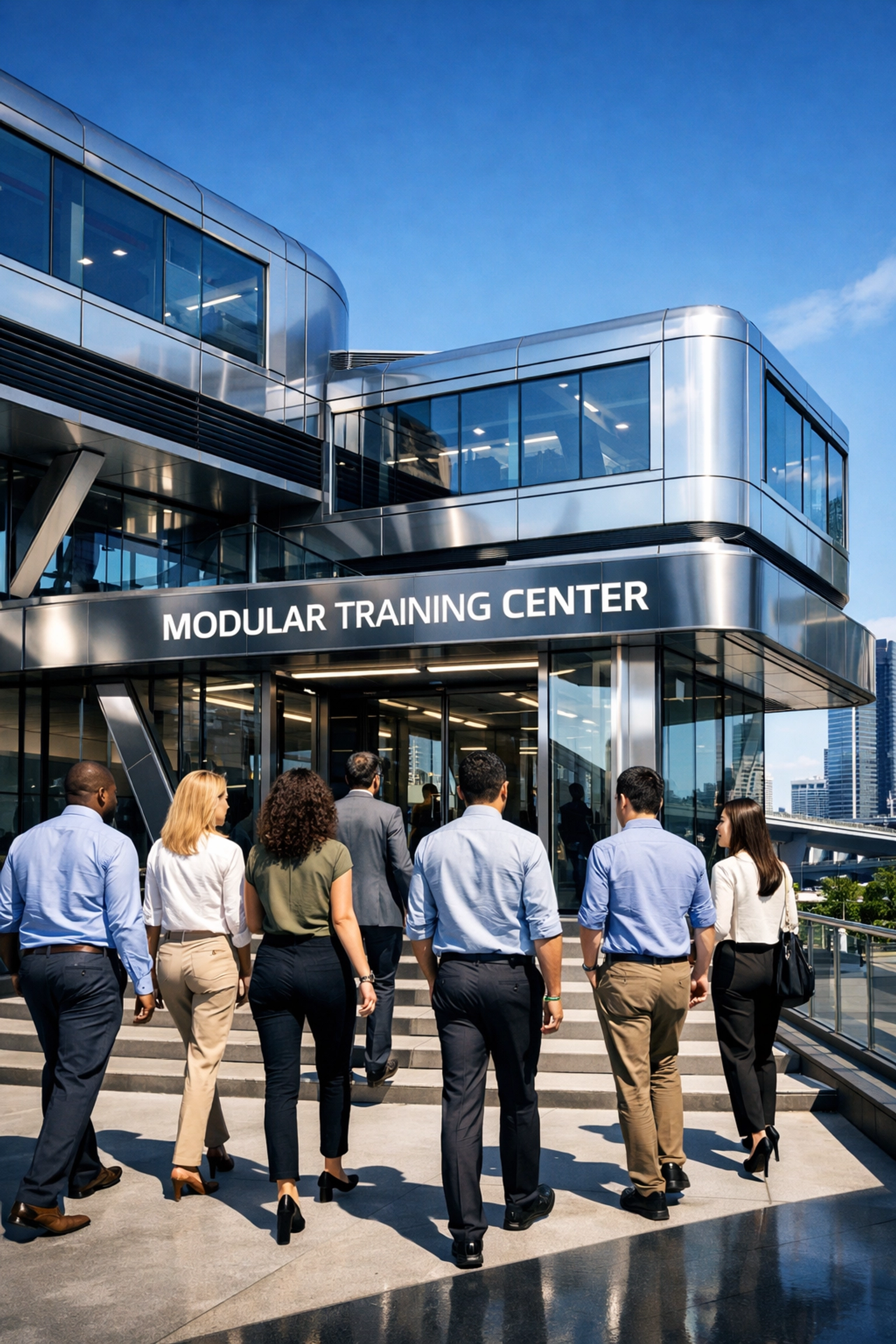 Modern modular training center in a city, providing physical career infrastructure for local workforce development.