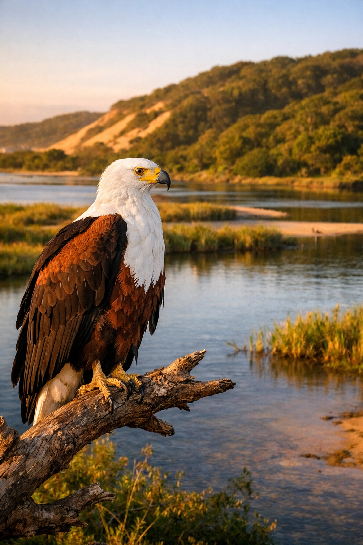 Fish eagle overlooking Mpenjati Nature Reserve lagoon showcasing South African coastal wildlife biodiversity