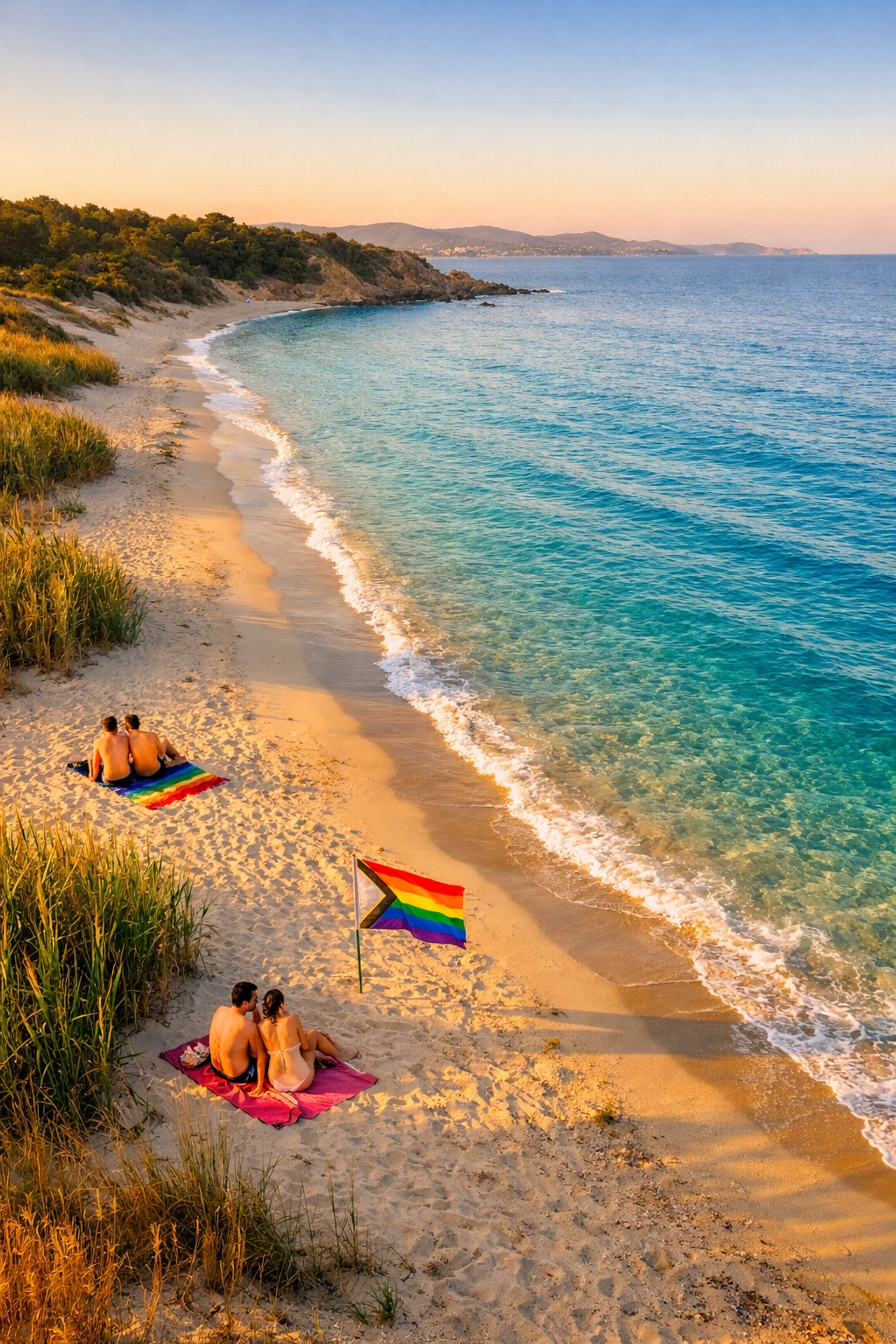 Aerial view of secluded Plage de la Moutte naturist beach in Saint-Tropez with white sand and turquoise water