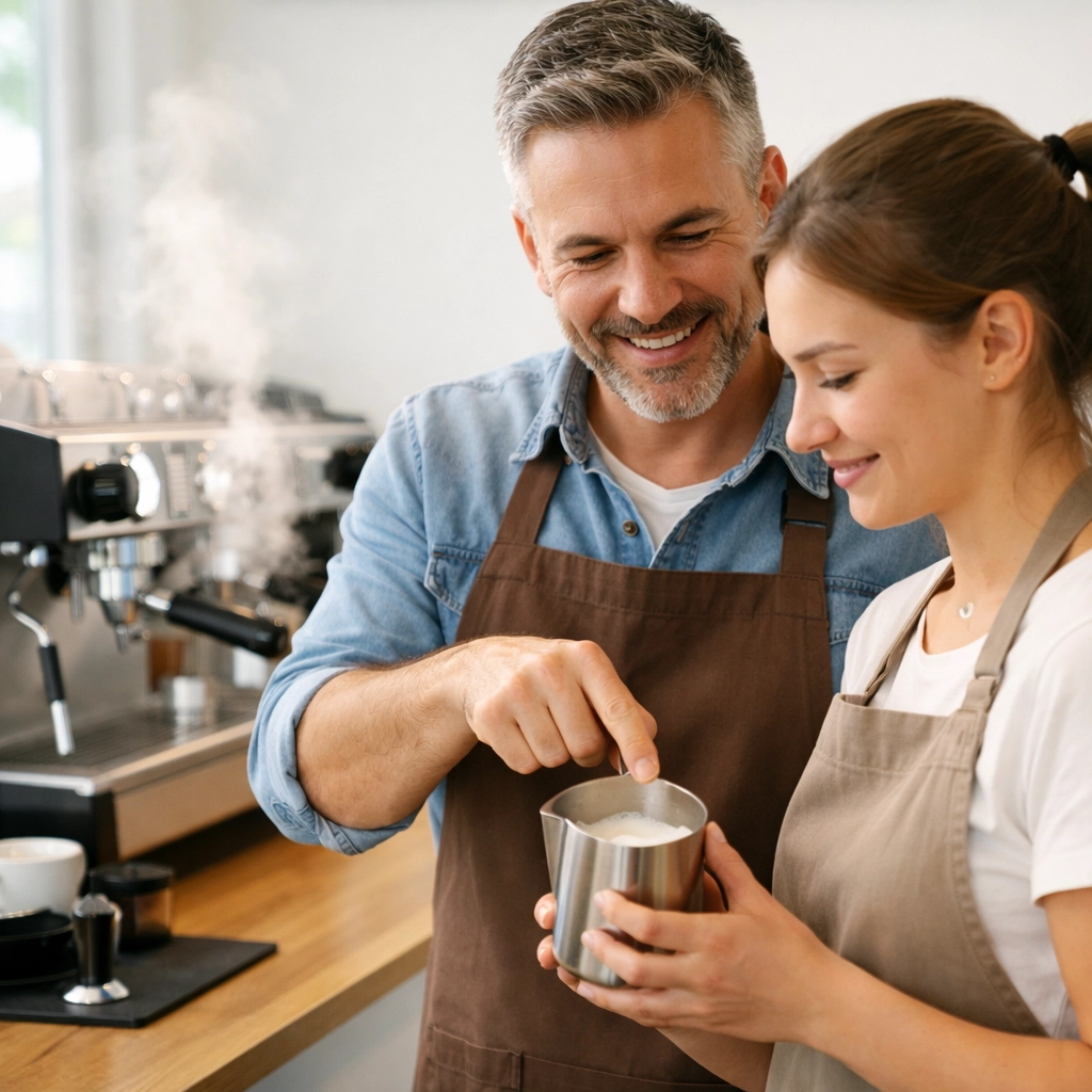Expert barista training showing a mentor teaching a student how to create perfect microfoam for specialty coffee.