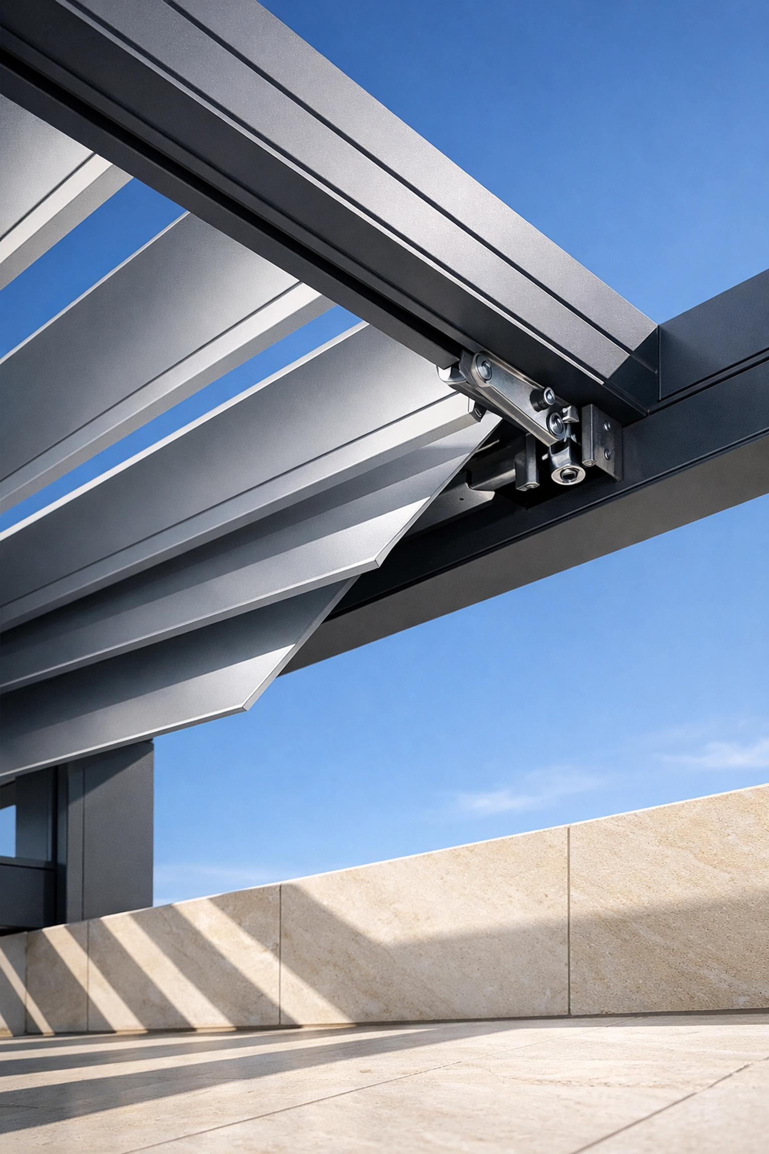 Bioklimatisches Lamellendach in Wien aus Aluminium für perfekten Hitzeschutz auf der Terrasse.