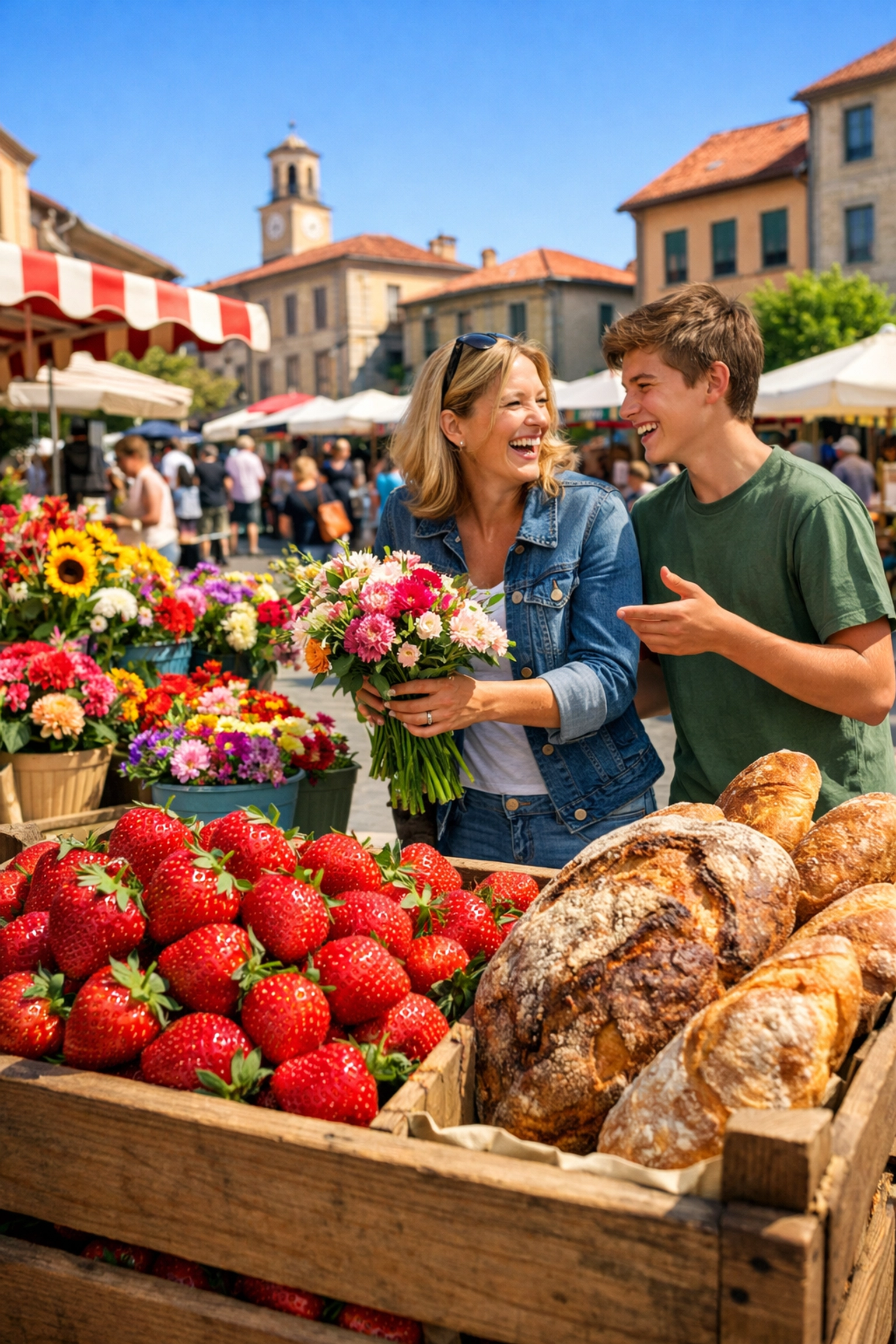 Top 10 Family Travel Activities That Are Actually Fun for Adults Too 4 Mother and son picking fresh fruit at a local farmers market, a rewarding family travel experience for adults.