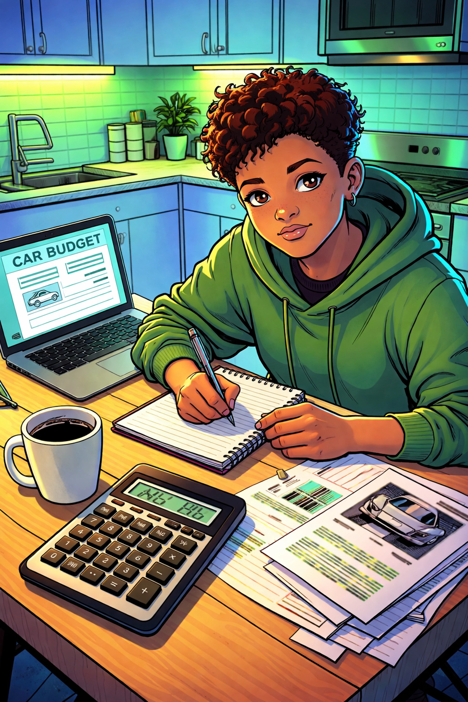 Young driver planning car budget at kitchen table with laptop and calculator for first-time car purchase in Arnold MO