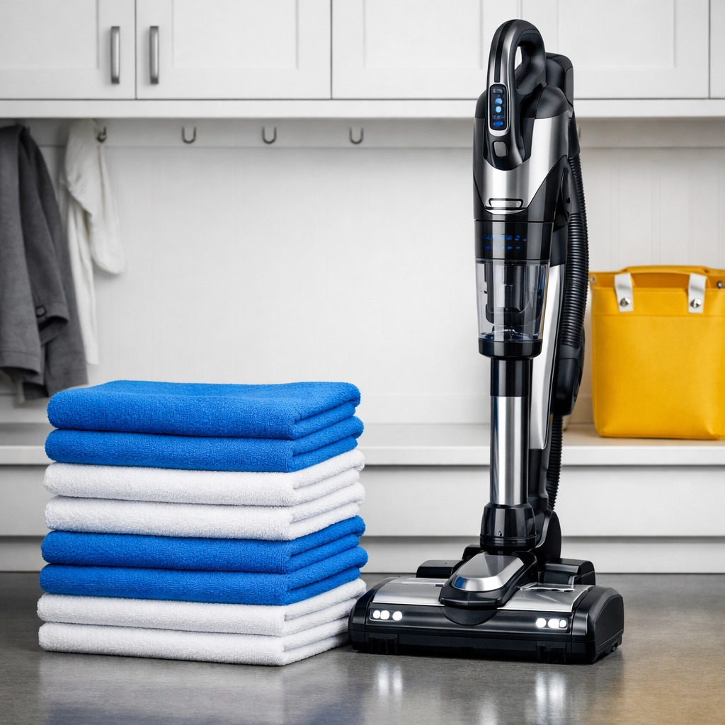 Professional eco-friendly cleaning tools and energy-efficient vacuum in a modern Harvard home.