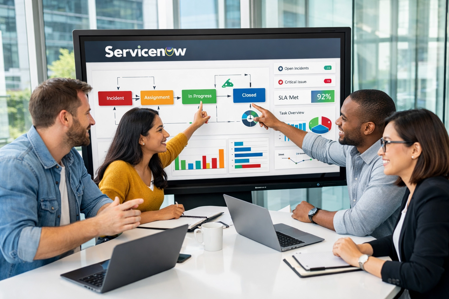 ServiceNow ITSM team collaborating on dashboard implementation in modern office
