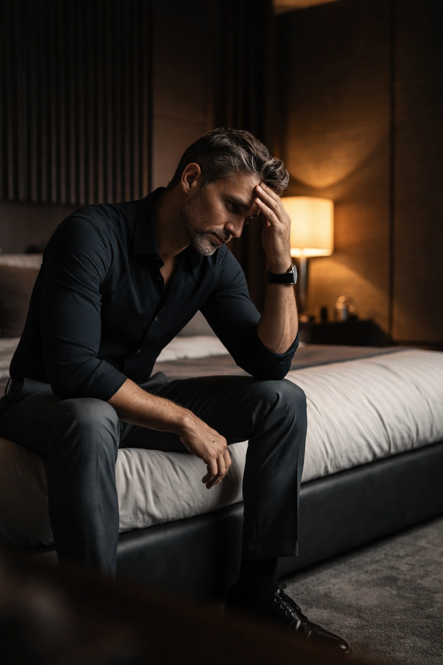 Man in his 40s sitting on bed looking thoughtful, reflecting on phentermine and libido challenges in Las Vegas