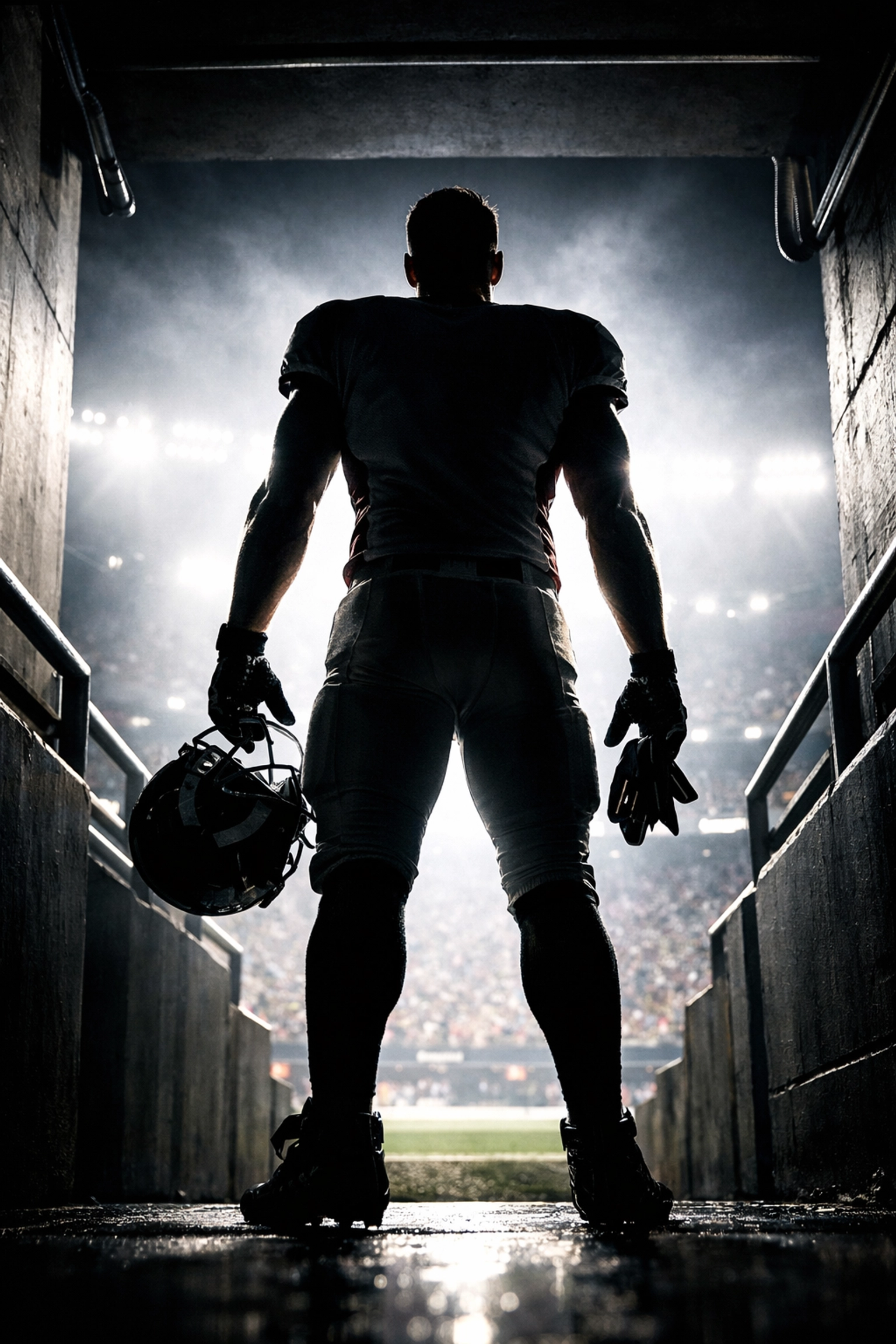 A professional athlete in a stadium tunnel capturing the energy of a high-performance NIL campaign.