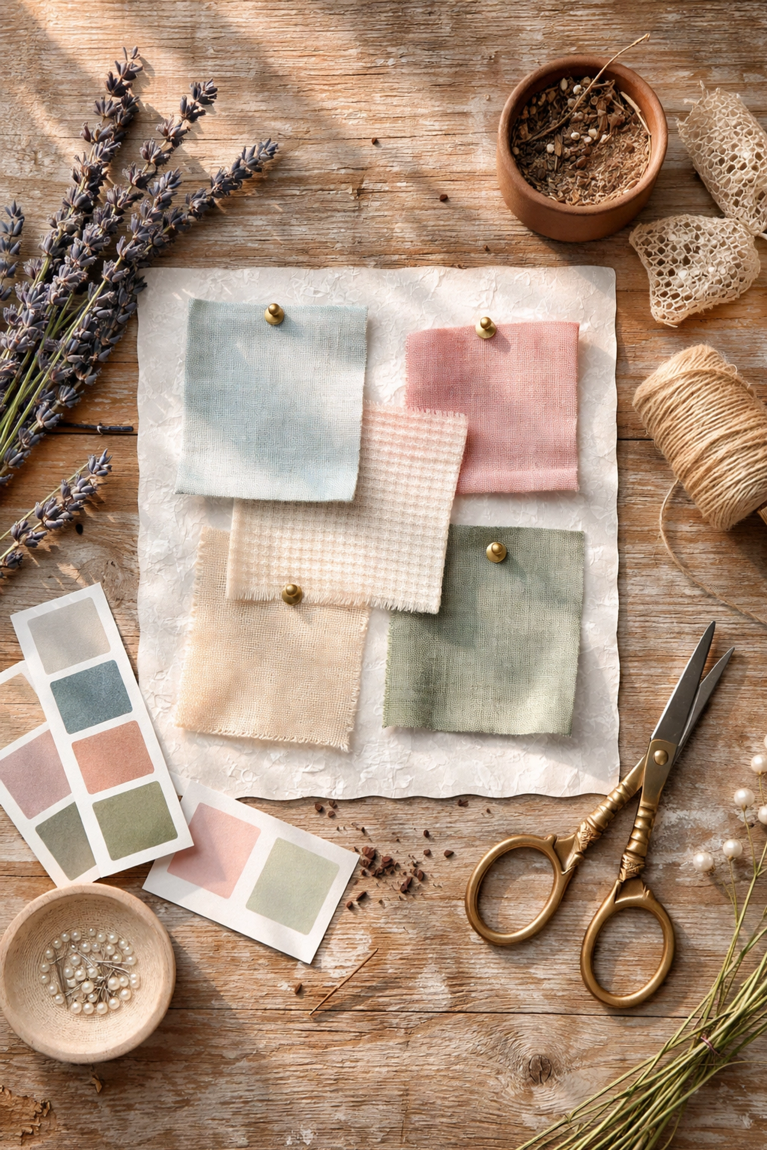 Curated spring color palette mood board featuring artisan fabric swatches, vintage accents, and seasonal home decor elements