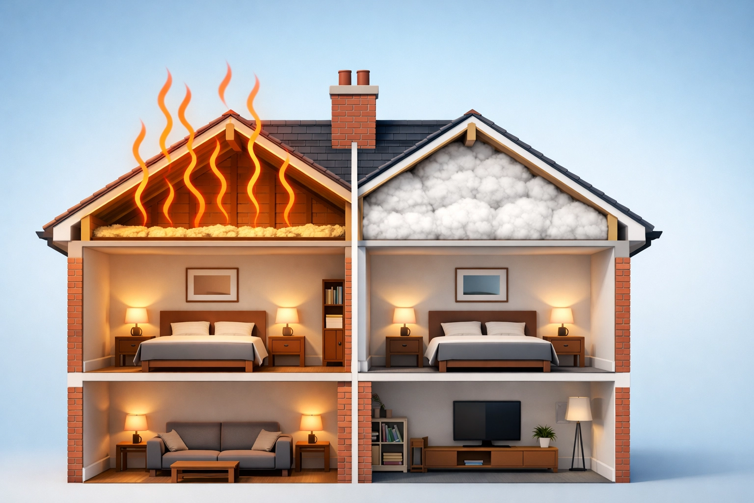 Cross-section showing heat loss through old loft insulation vs proper 270mm Rockwool insulation