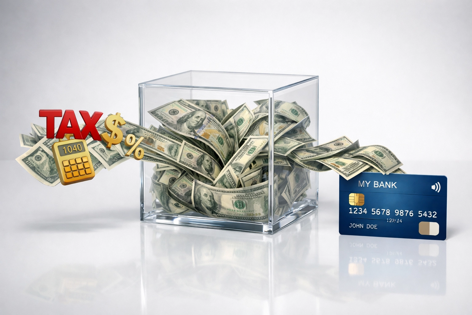 Tax refund flowing through temporary account with preparation fees deducted before final transfer