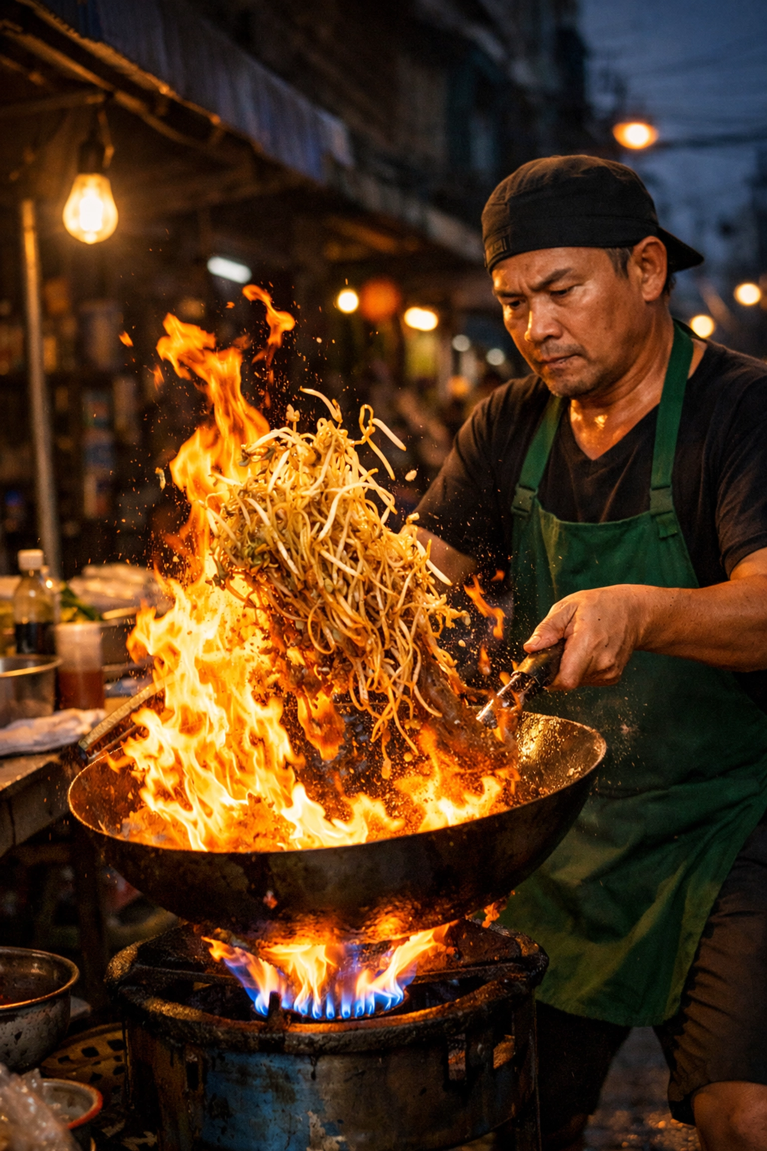 A Bangkok street food vendor cooking noodles over a flaming wok, showcasing the skill behind the city's cheap eats.