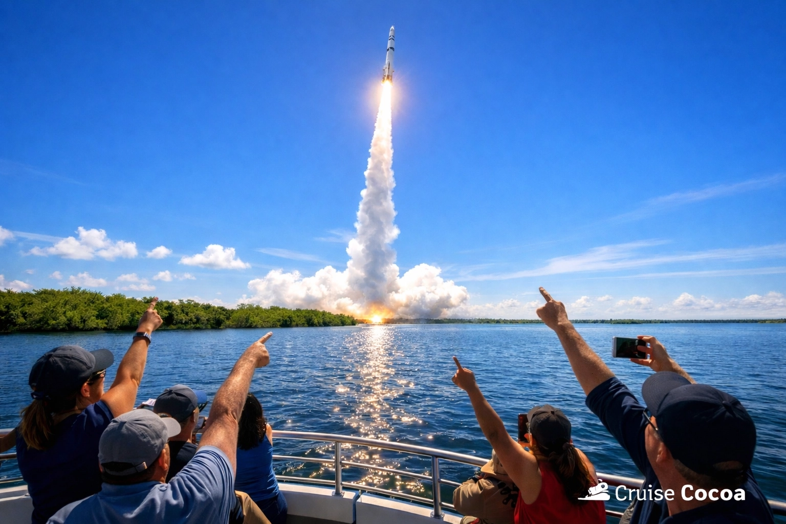 Passengers on boat watching rocket launch from Indian River Lagoon with unobstructed view