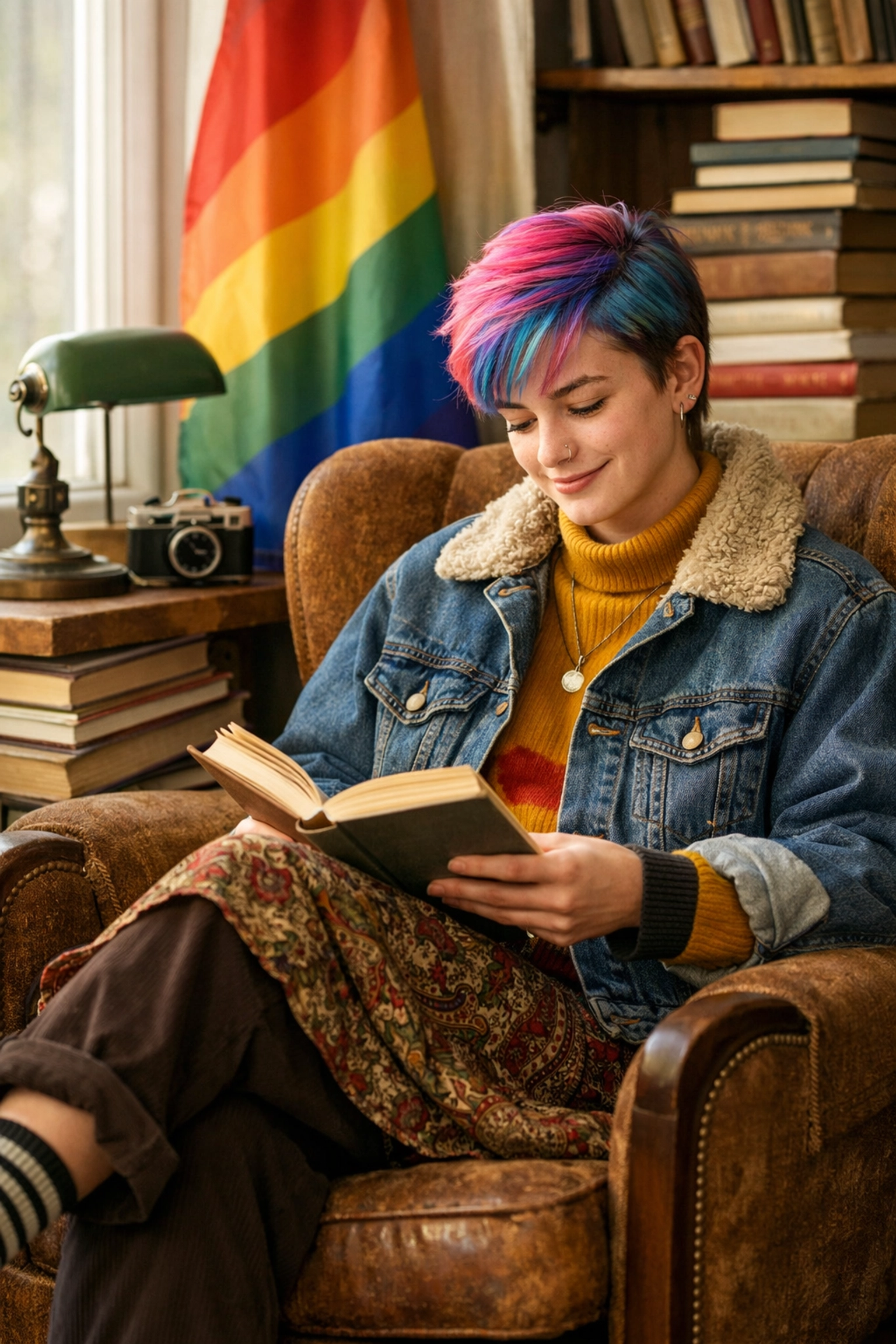 Person reading MM romance books in cozy vintage chair surrounded by thrift store finds