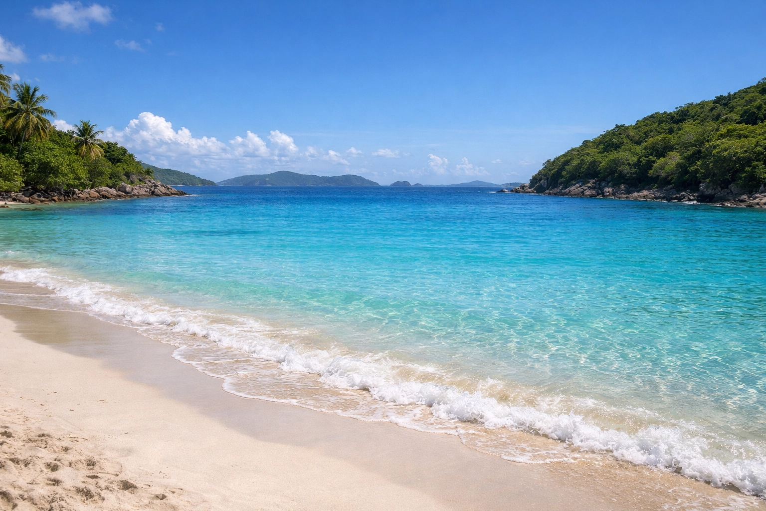 Bright St. Thomas, usvi beach with turquoise water, white sand, and tropical greenery