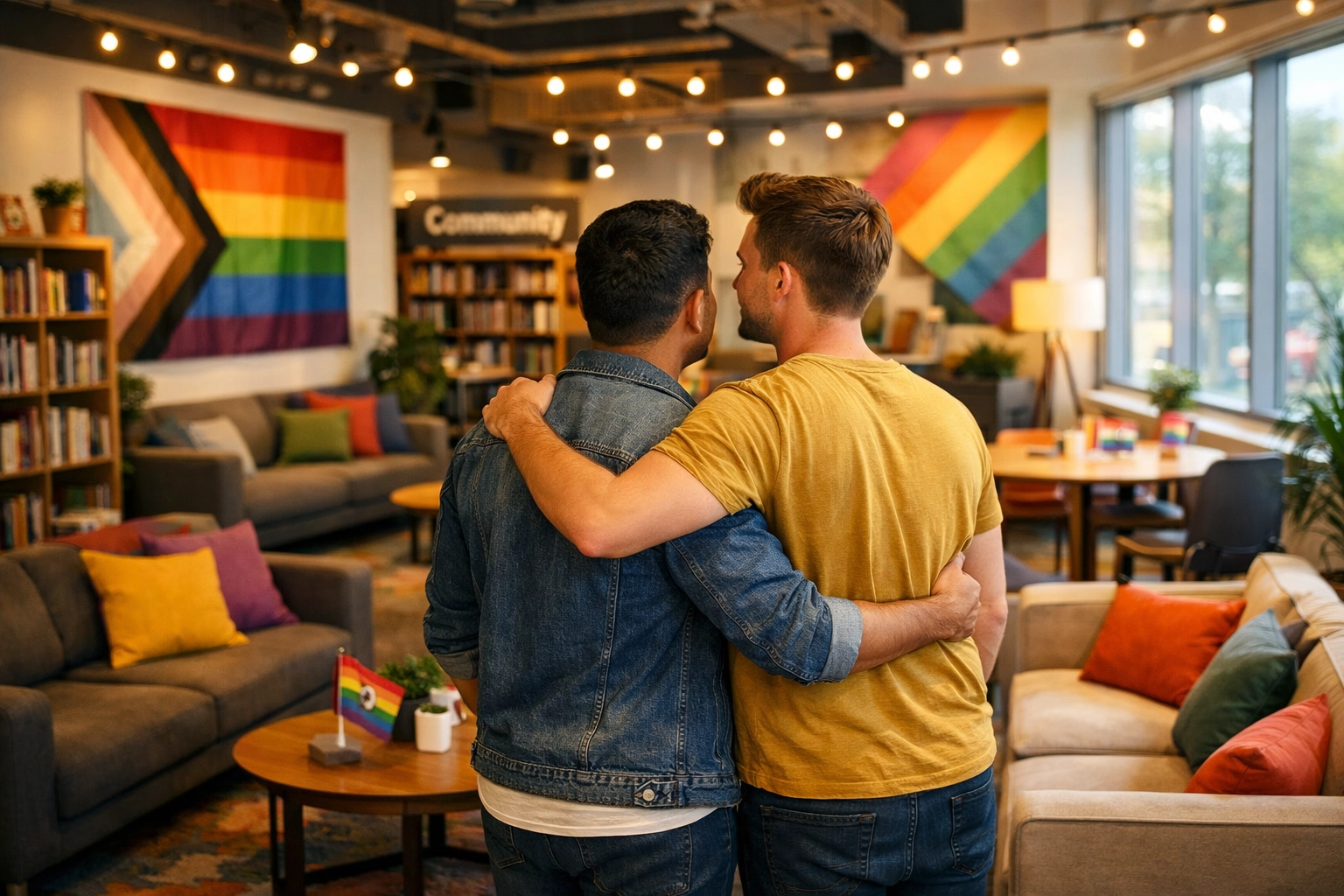 Gay couple in LGBTQ+ community center showcasing interior design as social activism
