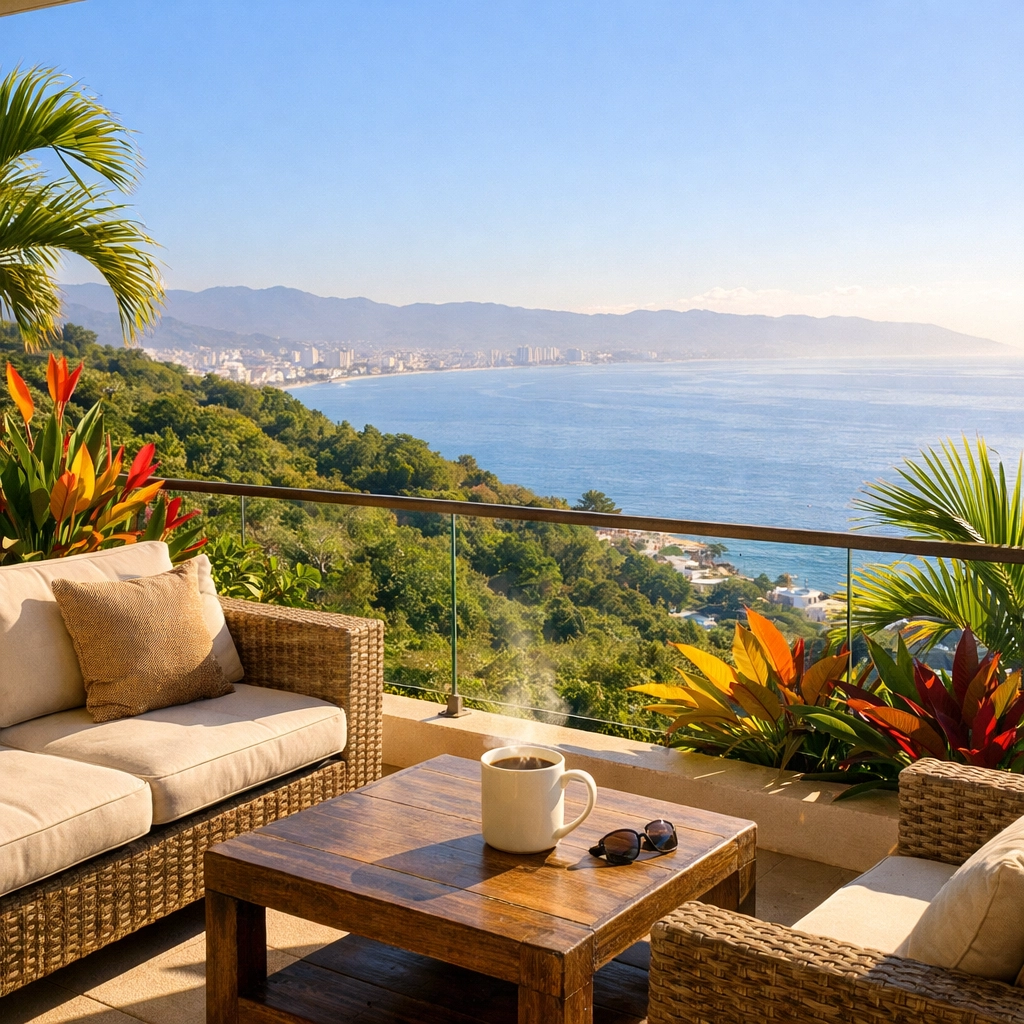 Puerto Vallarta rental condo terrace in Amapas with ocean views of Banderas Bay