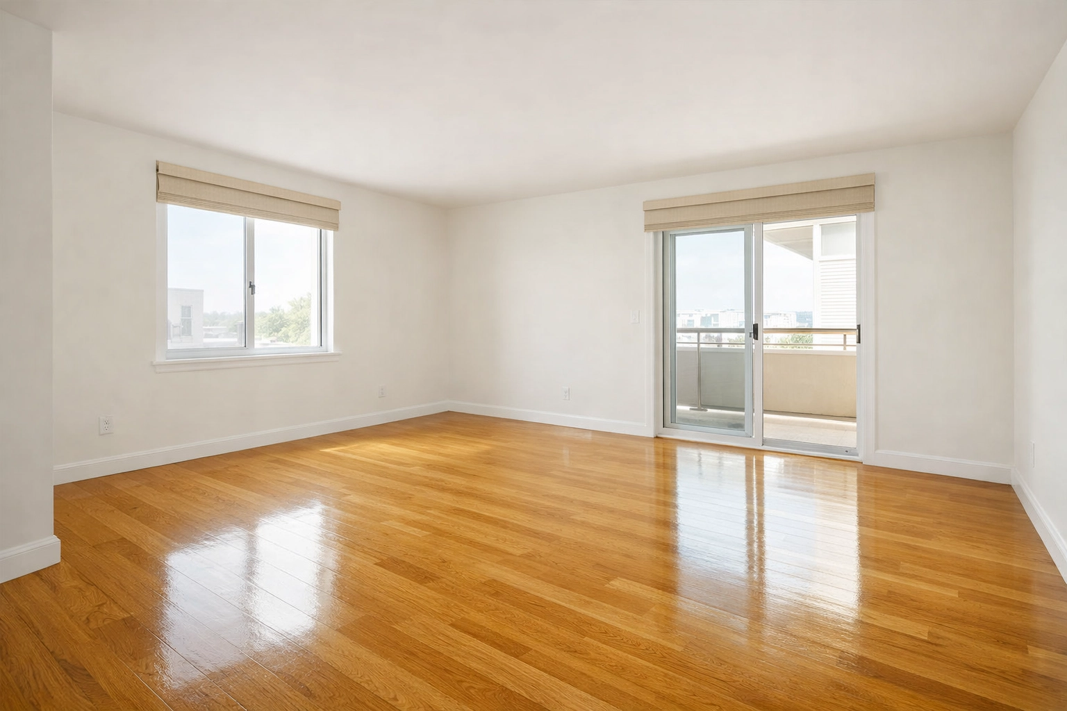 Empty move-in ready apartment living room with clean floors and fresh paint after turnover