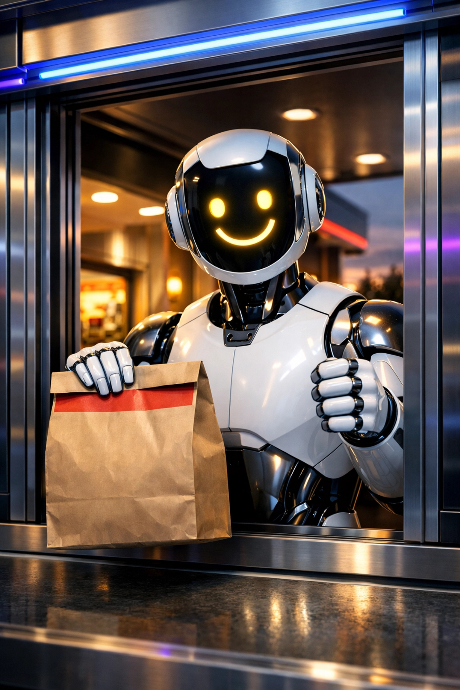 AI robot taking orders at modern drive-thru window demonstrating restaurant automation technology