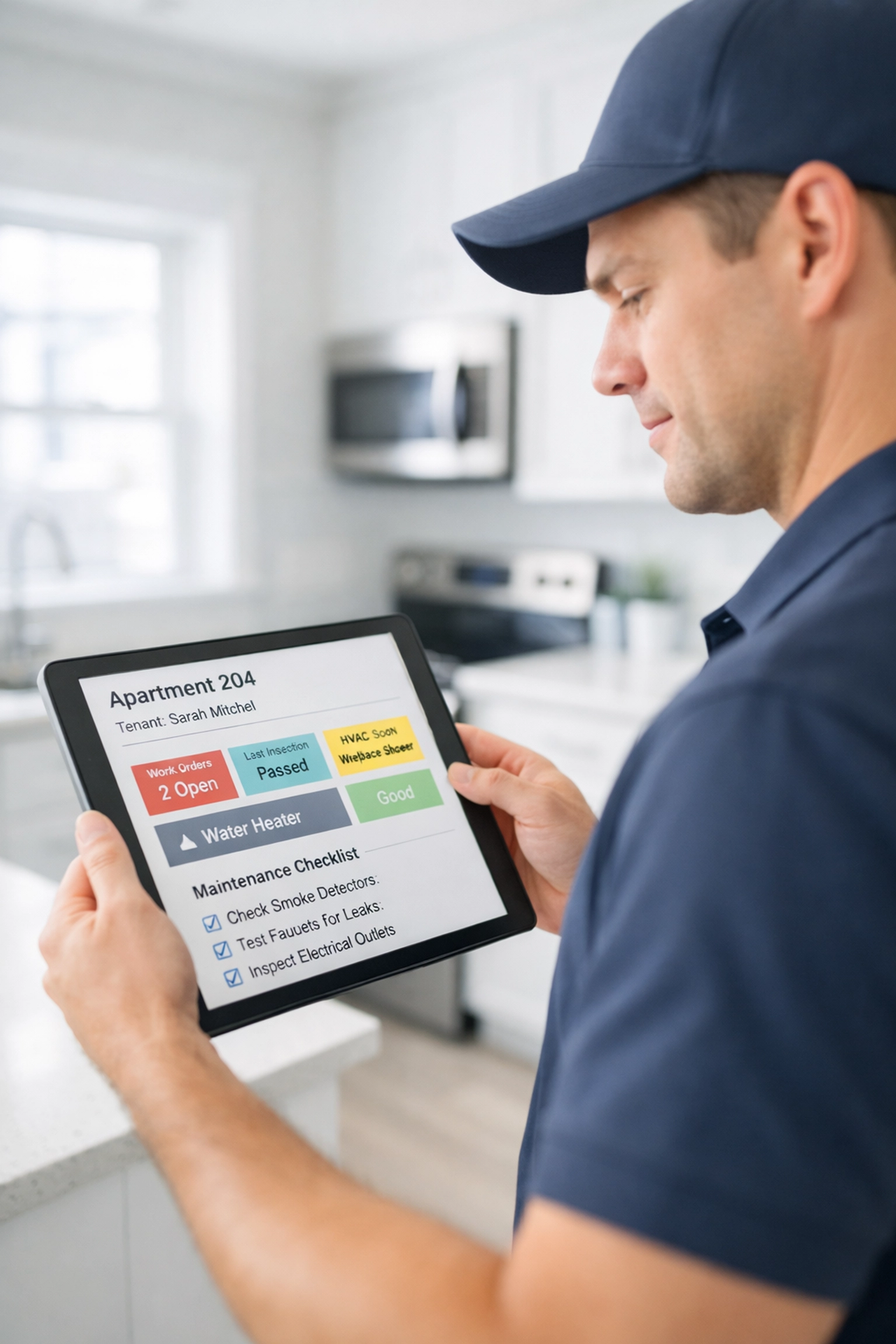 Maintenance technician using tablet to access digital unit profiles in apartment kitchen