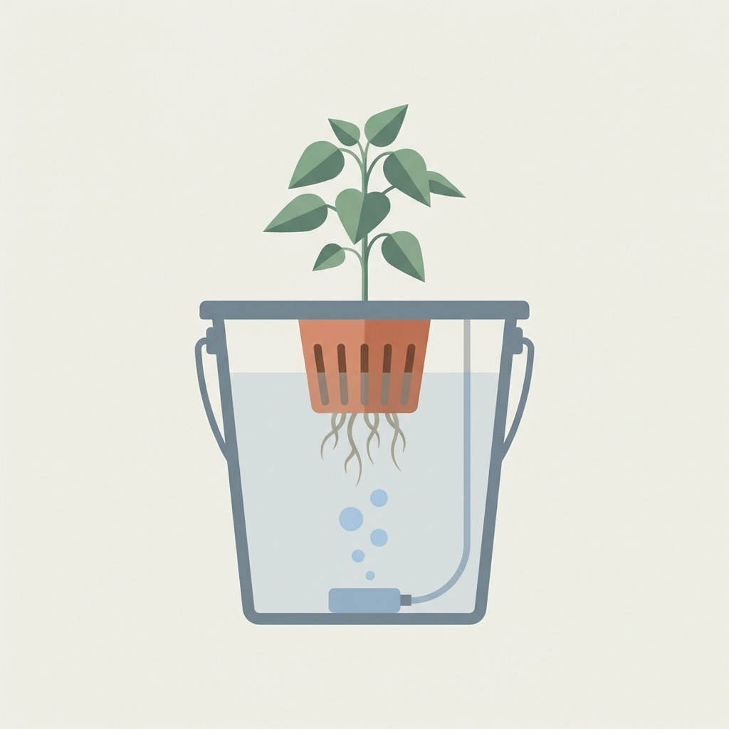 Cross-section diagram of a deep water culture system growing a hydroponic pepper plant at home