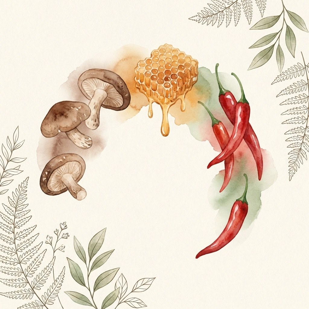 Arrangement of shiitake mushrooms, honeycomb, and chili peppers, highlighting diverse natural remedies in alternative medicine.