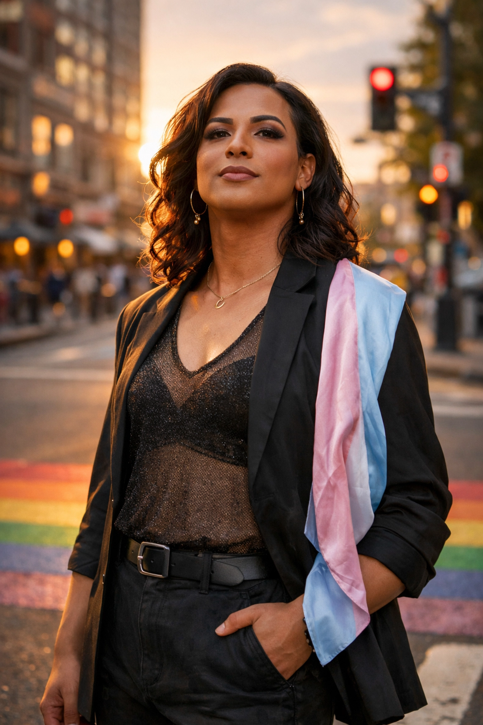 Confident transgender person celebrating authentic identity in pride-friendly urban space