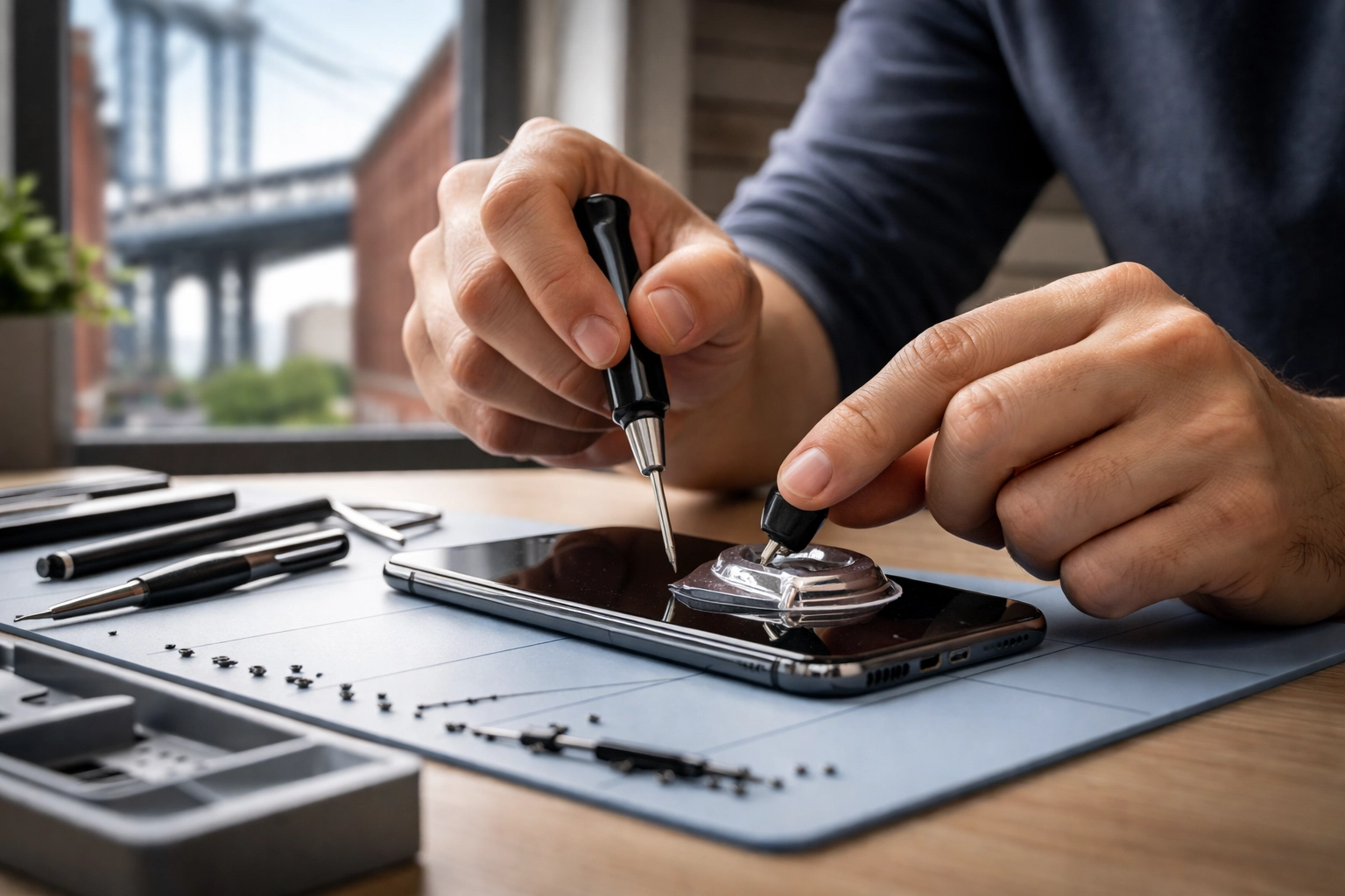 Technician repairing iPhone at a DUMBO office table with Manhattan Bridge view, showcasing mobile repair convenience in Brooklyn.