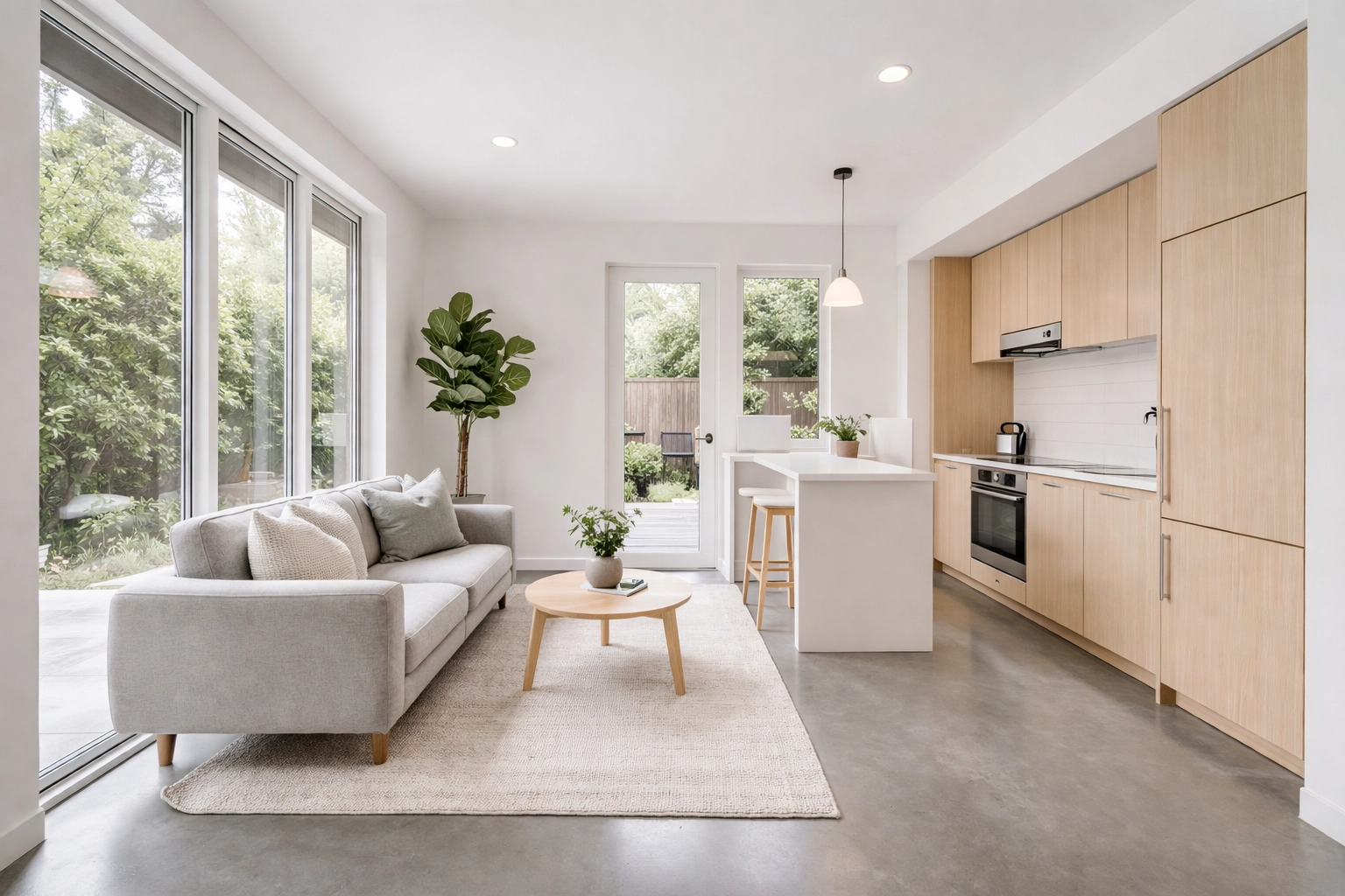 Interior of a completed prefab ADU in Sacramento, showing bright, modern living space and open-plan kitchen