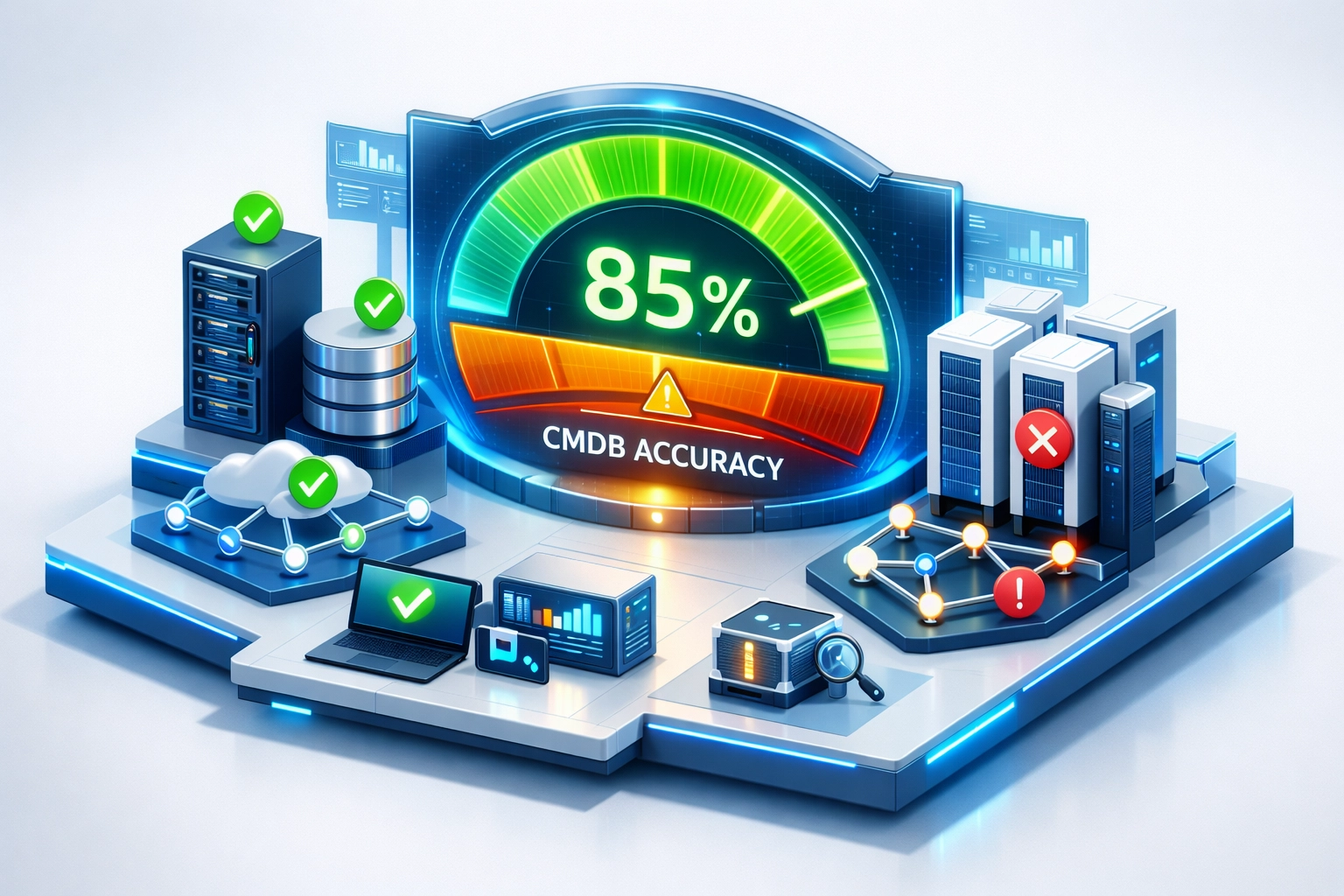 ServiceNow CMDB accuracy dashboard showing 85% data quality threshold for ITOM success