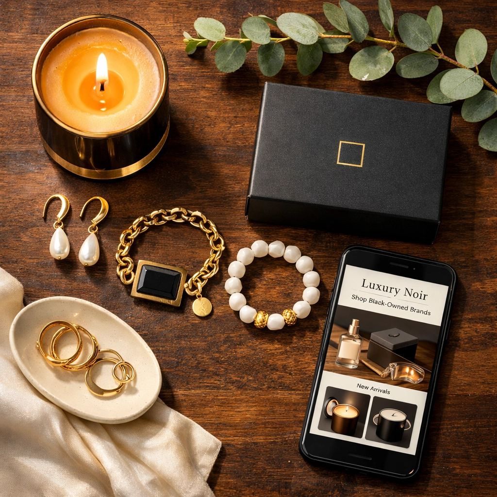 From Black Wall Street Tulsa to Today: The Ultimate Guide to Supporting Black Commerce Luxury Black-owned products including candles, jewelry, and beauty items on wooden surface