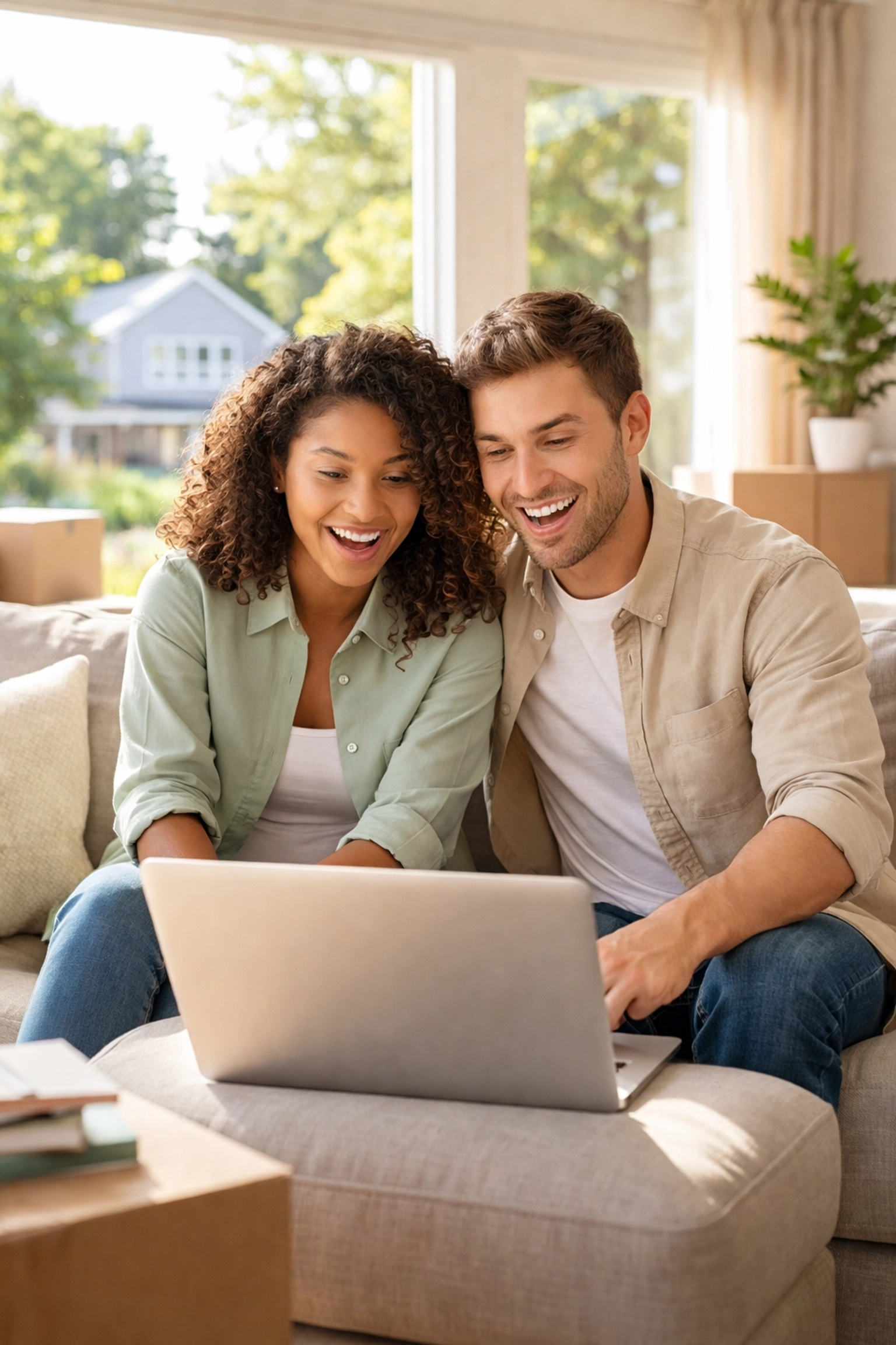 Young couple searching for Georgia homes online in a bright living room, with moving boxes ready, symbolizing an easy out-of-state relocation process.