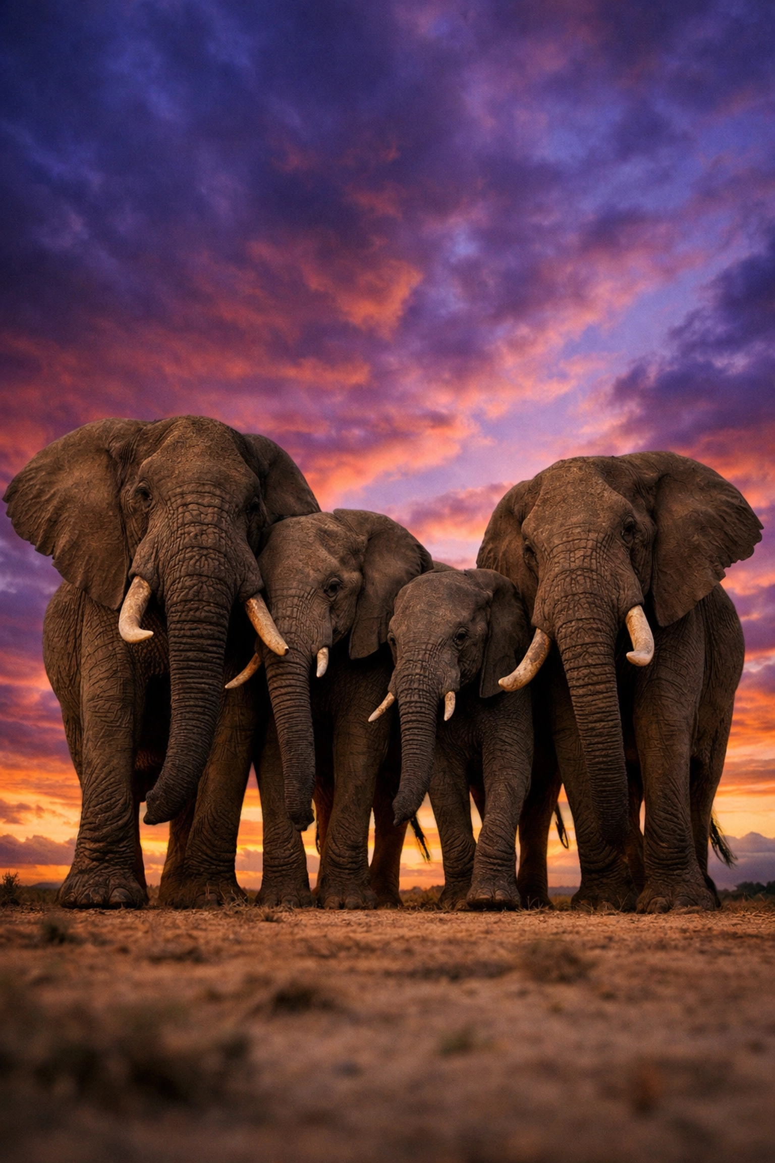 Male elephants forming a supportive alliance and found family group on the African plains.