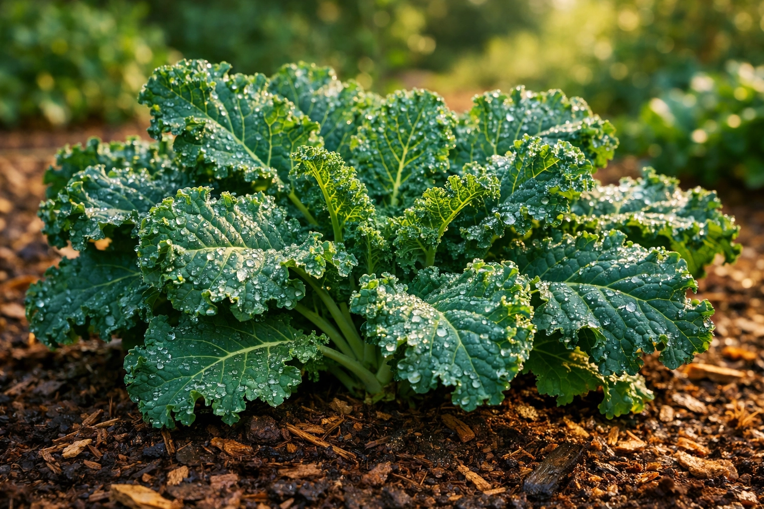 Mature kale plant with dark green curly leaves growing in mulched garden bed