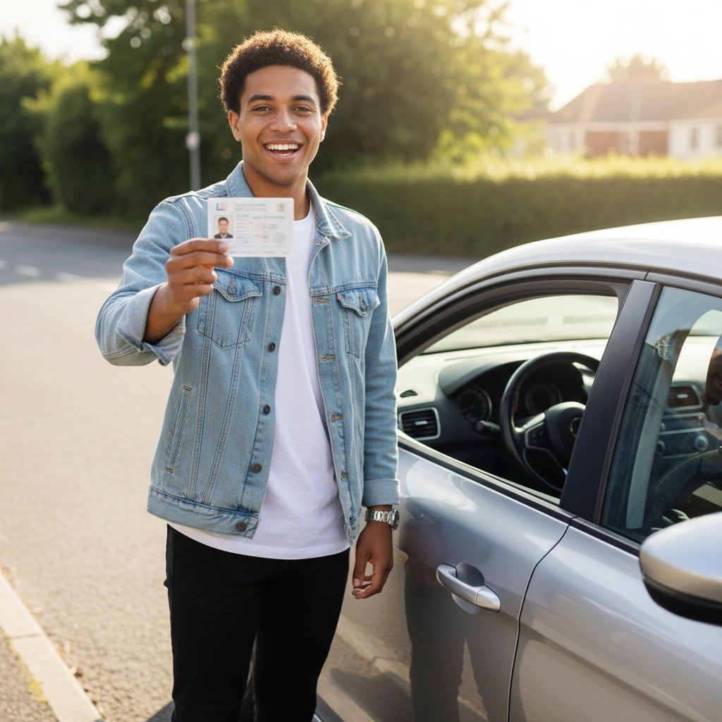 Smiling person holds up a driver's license beside a silver car on a sunny street. Wears denim jacket and white shirt, exuding happiness. Driving lessons Derby.