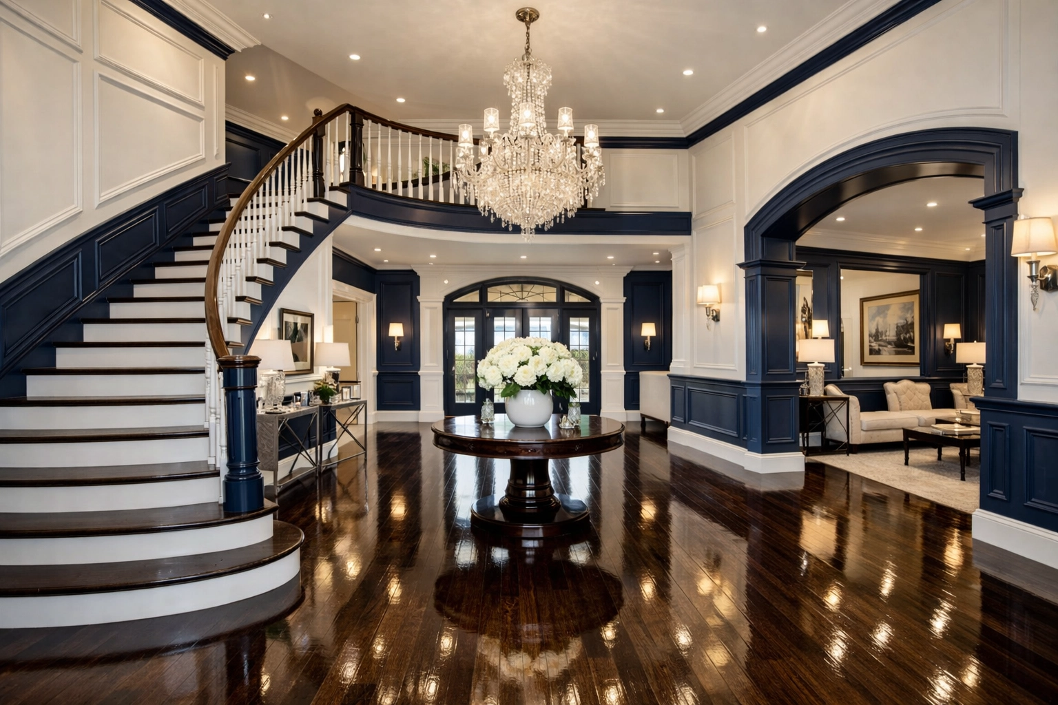 Spotless Wellesley estate entryway showing the results of expert post-construction cleaning in Massachusetts.