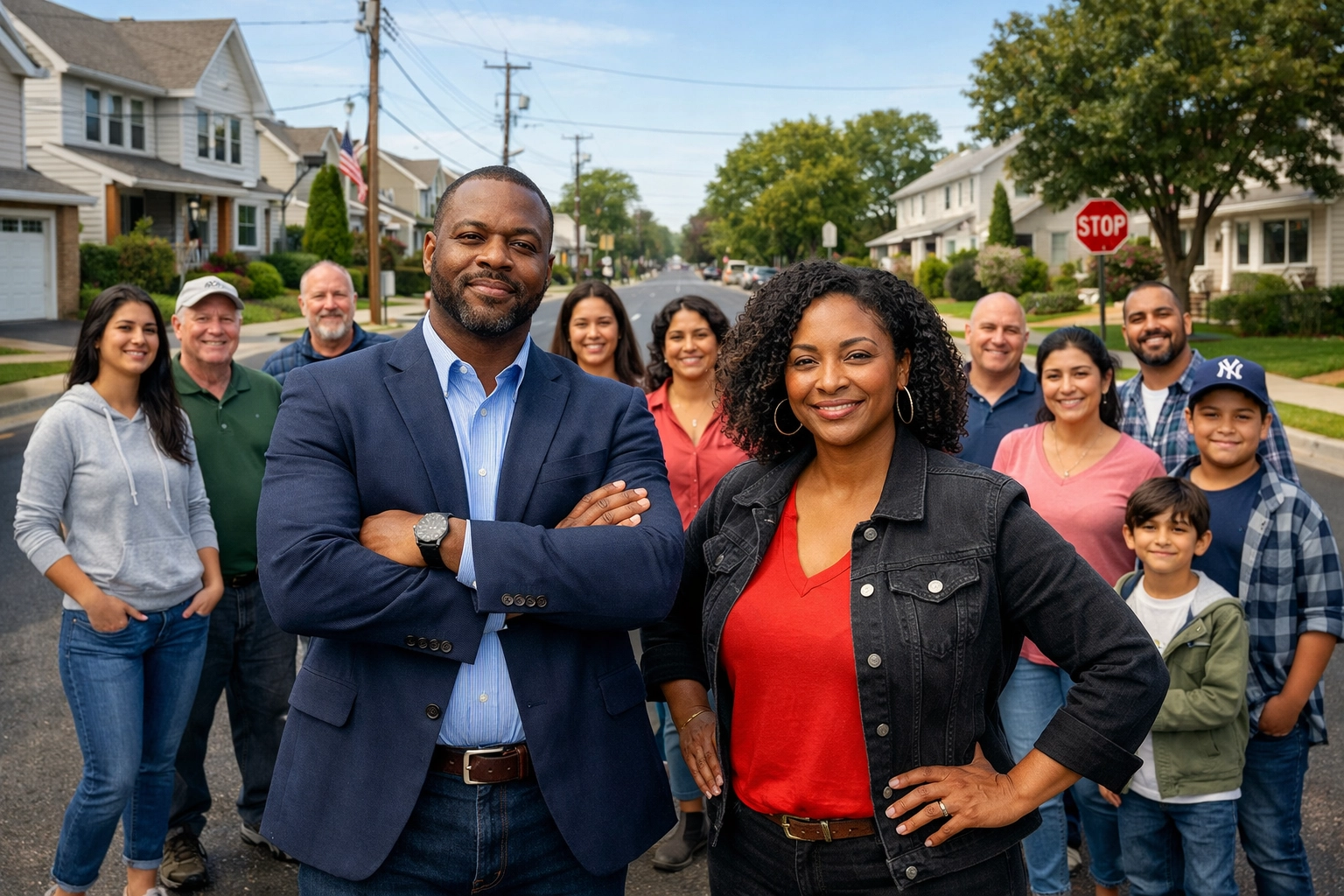 Diverse New Jersey community leaders standing together to support family disaster recovery efforts.