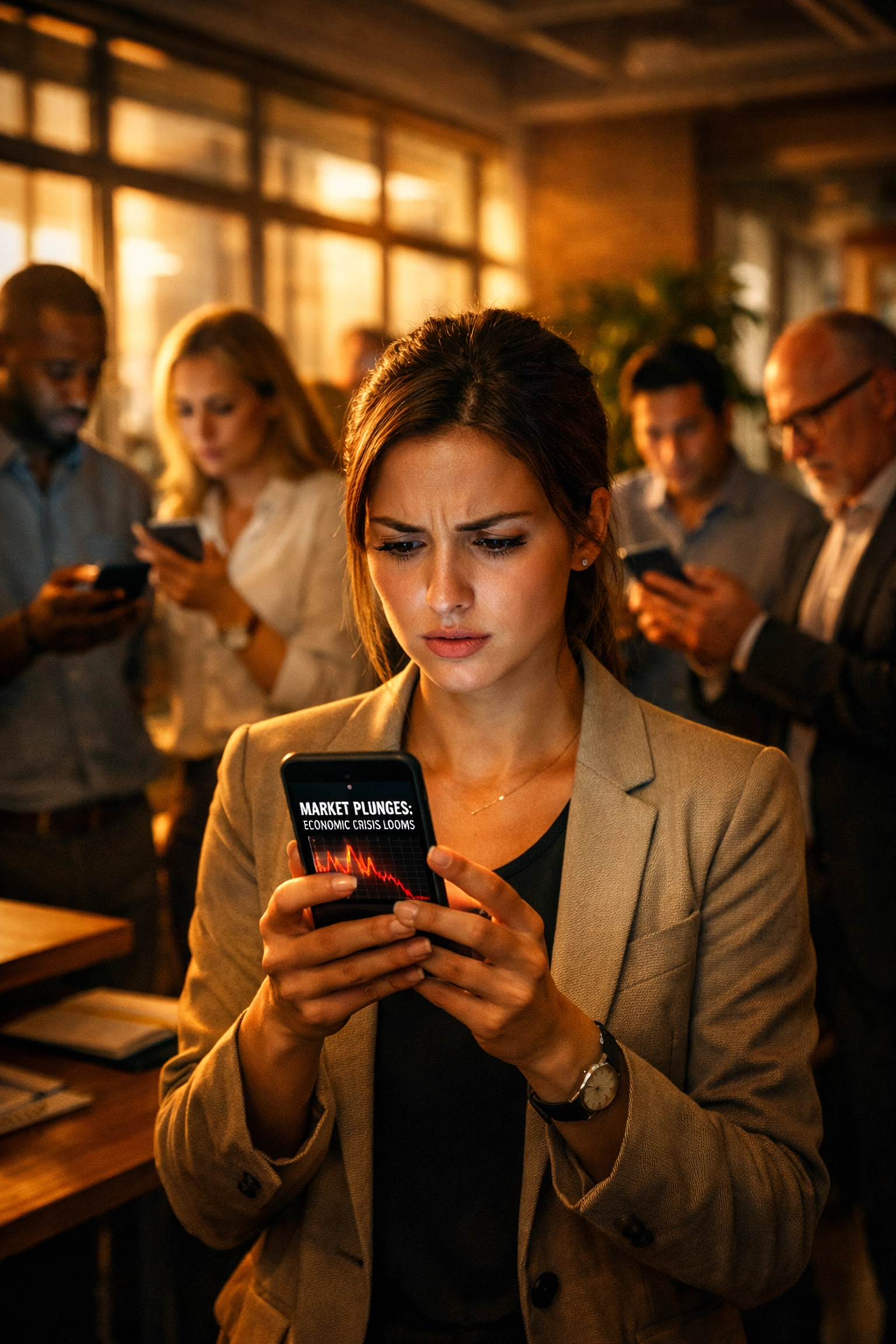 Employees checking smartphones for crisis news updates in modern office environment
