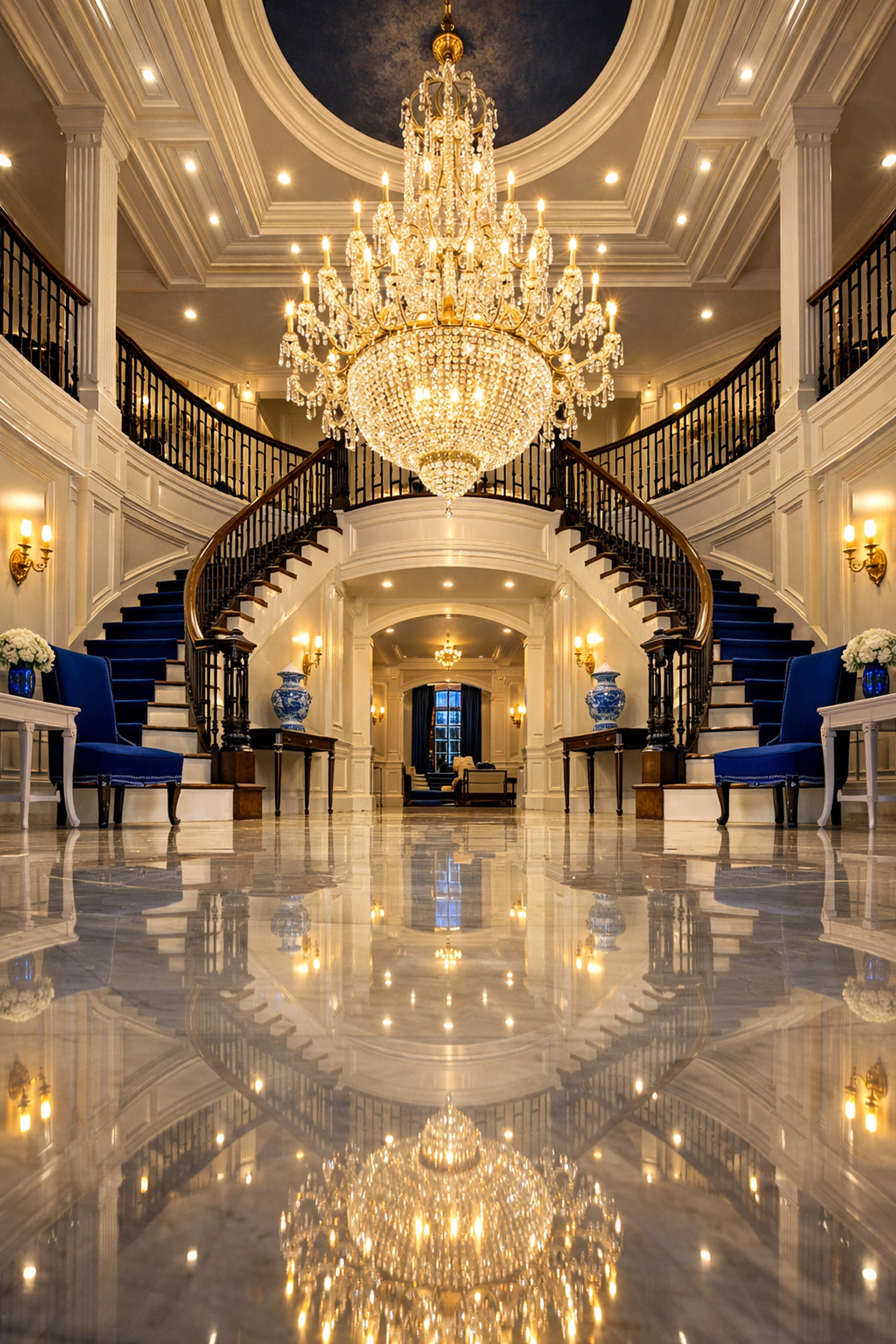 A sparkling grand foyer representing luxury residential cleaning in Massachusetts for Dover estates.