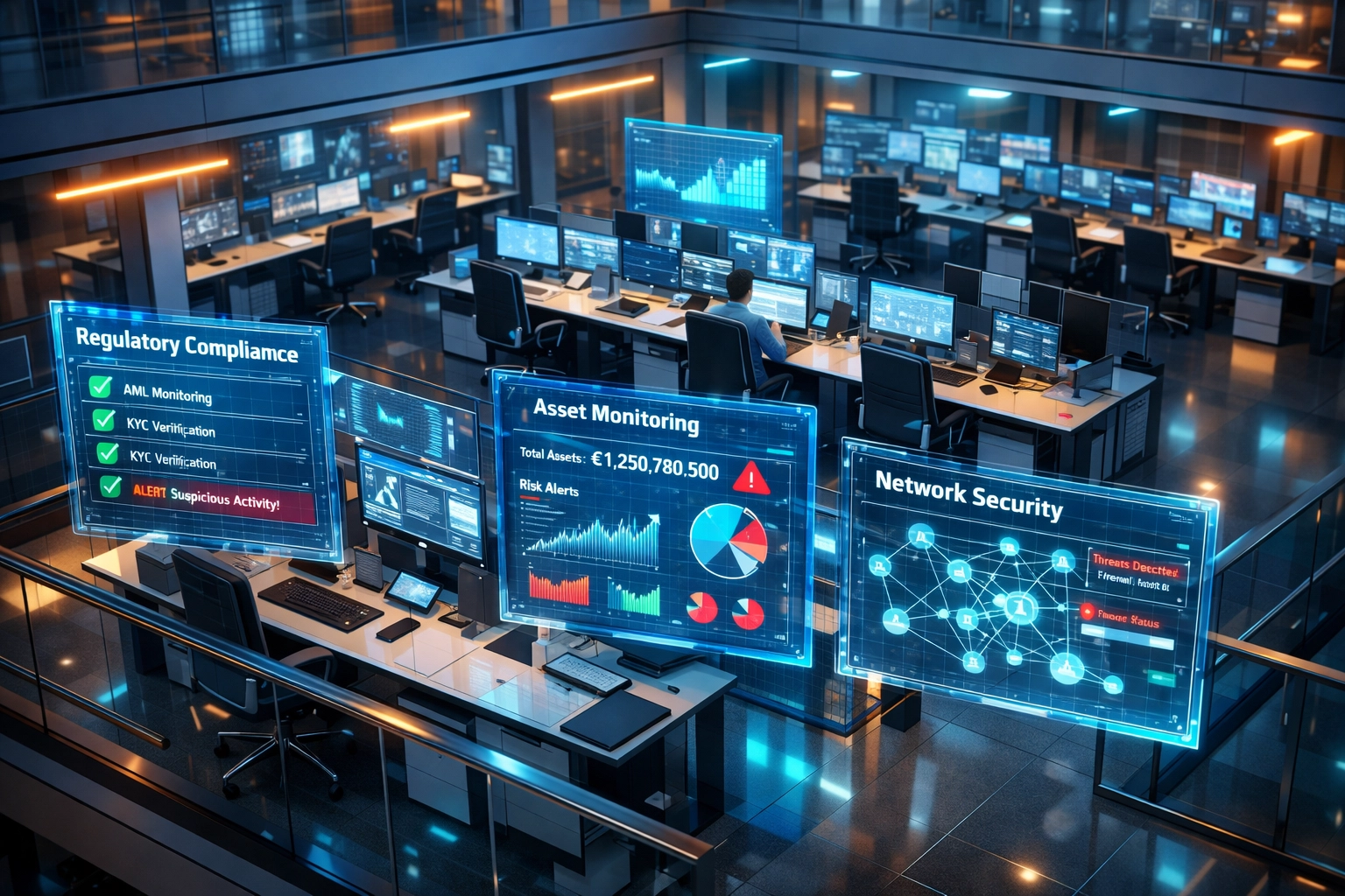 Modern banking operations center with ServiceNow ITOM compliance dashboards for DORA regulatory monitoring