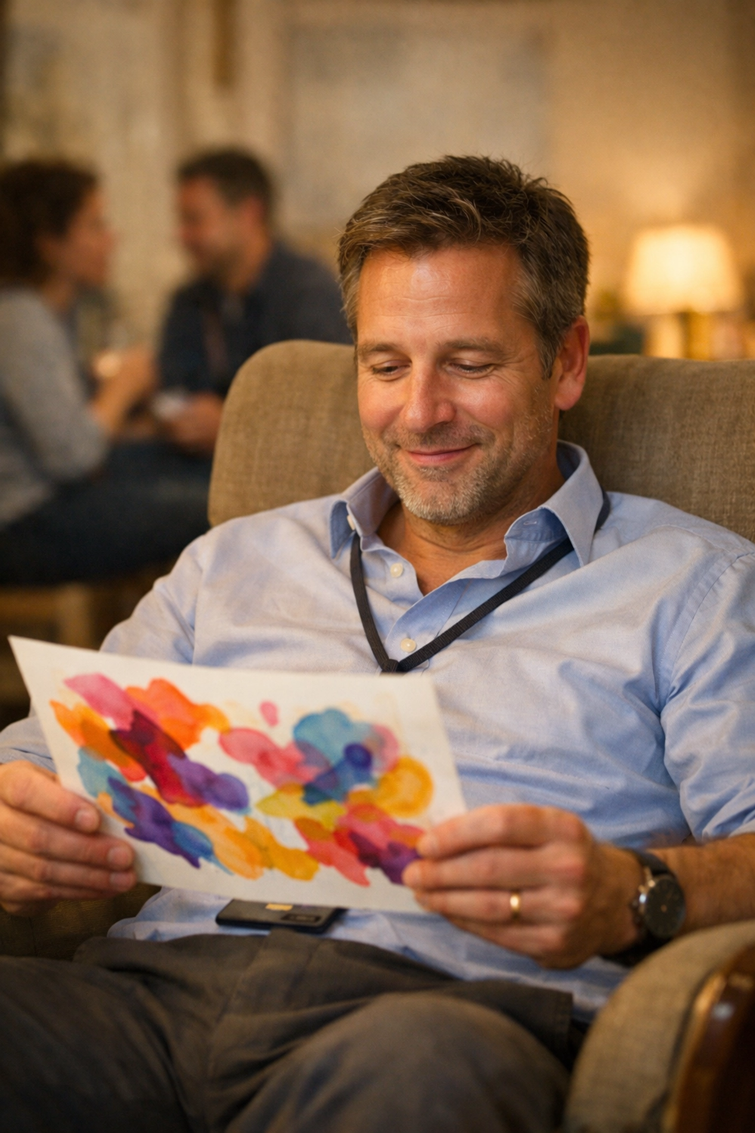 A professional finds stress relief and a personal reset while admiring his artwork in a low-pressure setting.