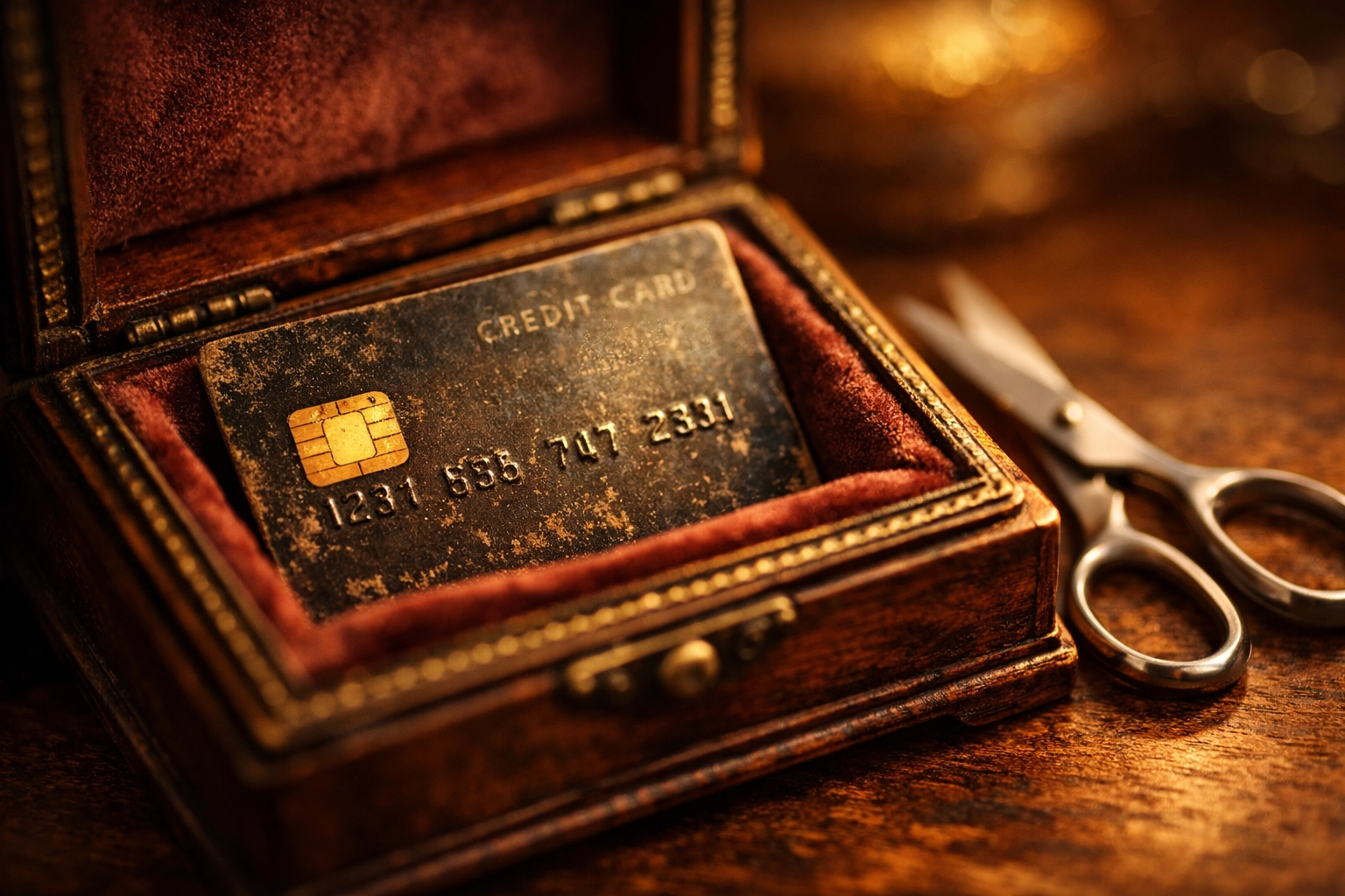An old credit card kept in a keepsake box to preserve credit history length and total available credit.