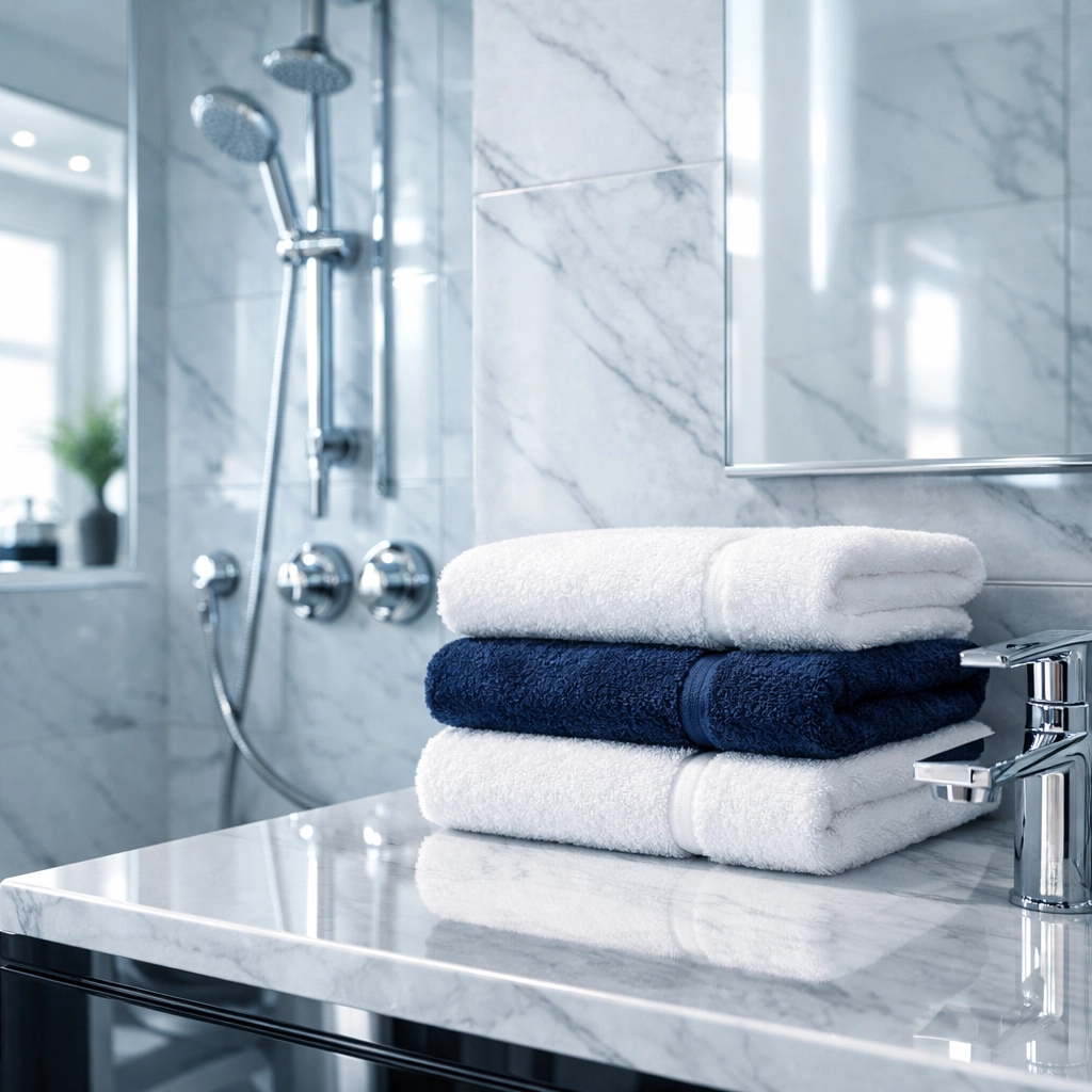 Ninja-level bathroom deep cleaning in Worcester featuring sparkling marble tiles and chrome fixtures.