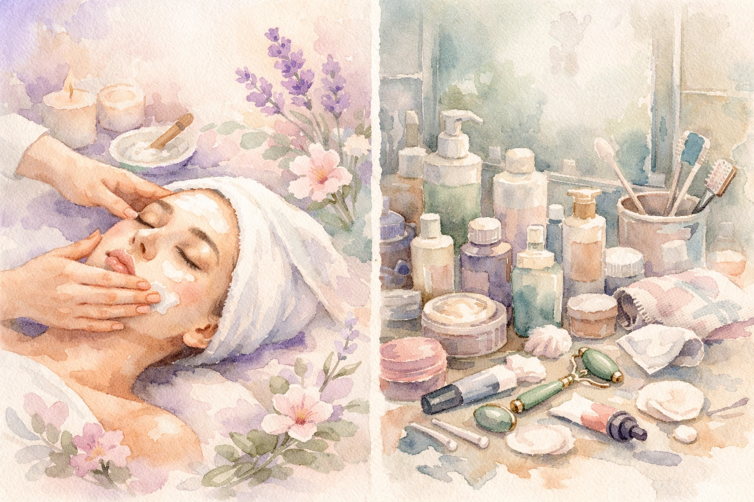 Professional facial treatment vs DIY skincare comparison showing spa and home setup